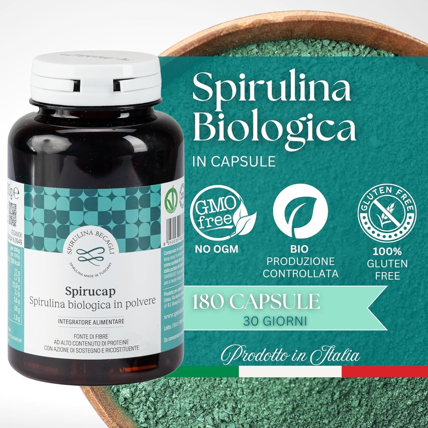 Spirulina Biologica in Capsule – Integratore Alimentare 100% Vegetale – Coltivata in Toscana – Fonte Naturale di Proteine e Vitamine – BECAGLI (180 Capsule)