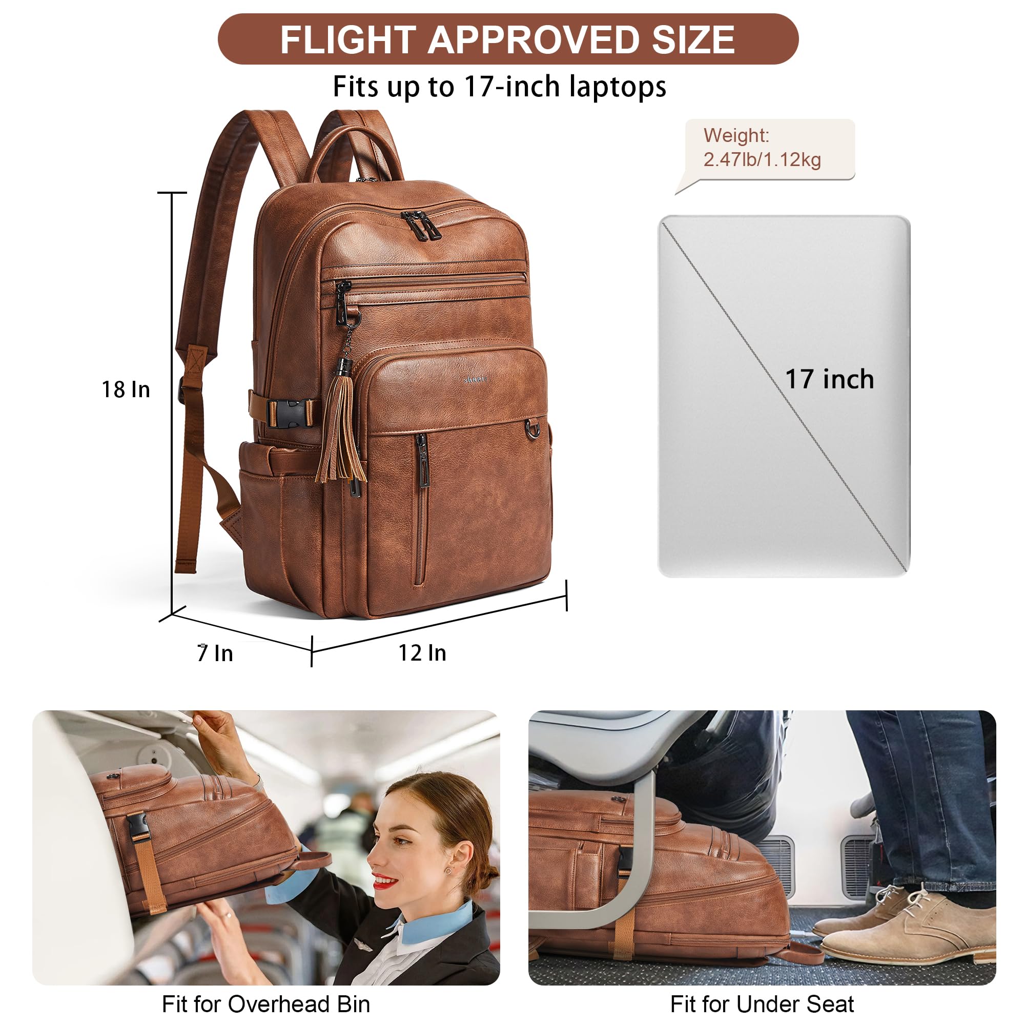 Shrrie Sac à dos pour ordinateur portable en cuir végan pour femmes, 17 pouces Sac a dos pour Travail commerce université voyages enseignant infirmière avec Poche antivol et grand porte-gobelet géant