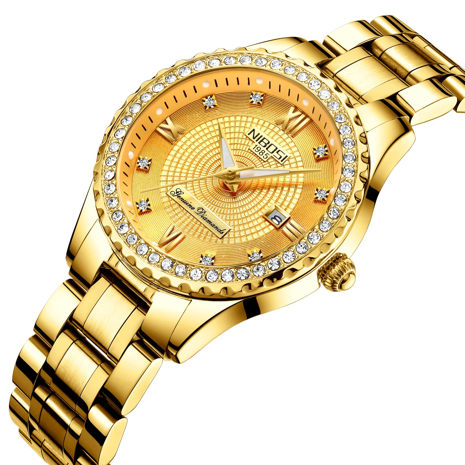 NIBOSI Reloj analógico de Cuarzo para Mujer, Esfera de Oro Rosa, Reloj de Pulsera de Lujo Impermeable con Diamantes de Acero Inoxidable para Mujer, Fecha automática