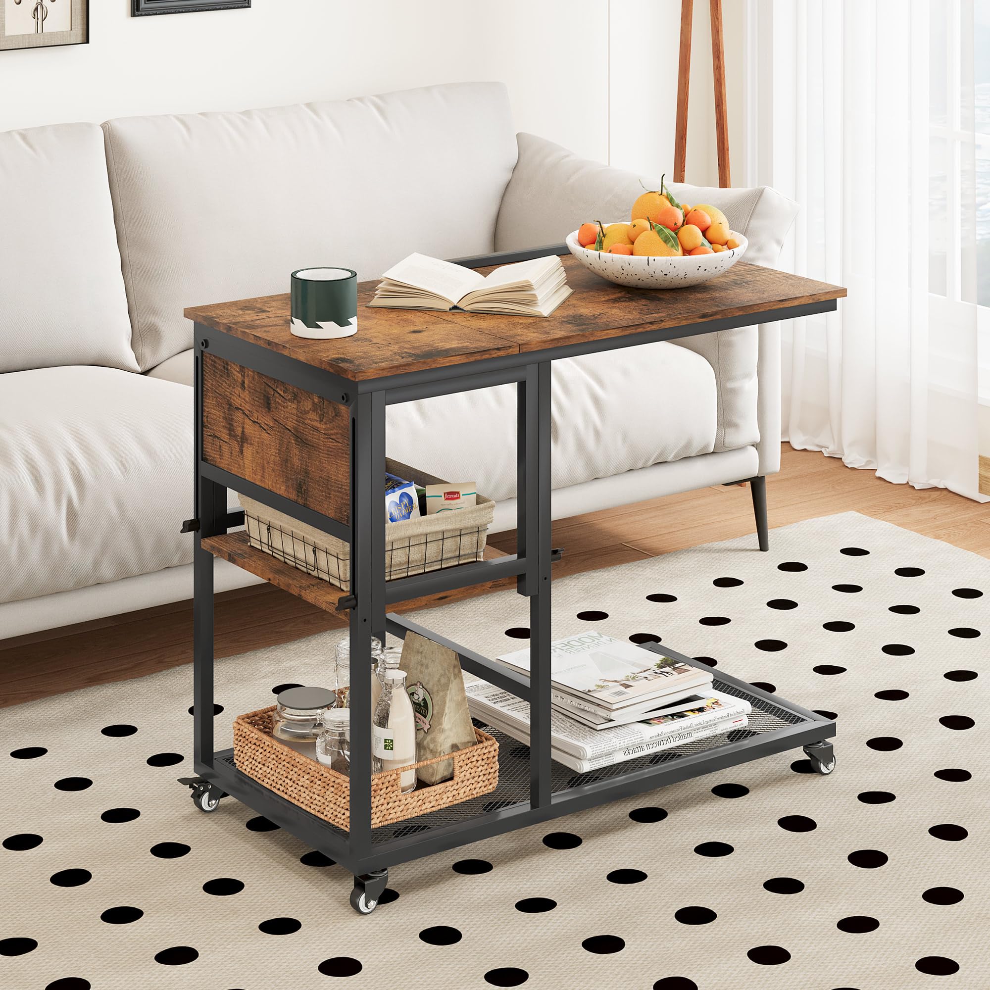 TQVAI Mesita Auxiliar en Forma de C, mesita de Altura Regulable con estantes de Almacenamiento sobre Ruedas y Tablero de Madera inclinable para salón, Dormitorio y sofá, Negro/Antiguo