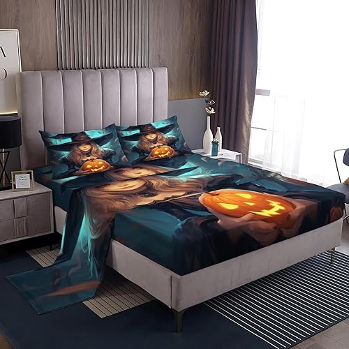 Miniatura 53 de Sábanas de Halloween tamaño individual – Juego de sábanas espeluznantes de calabaza murciélago para niños y niñas, juego de sábanas temáticas