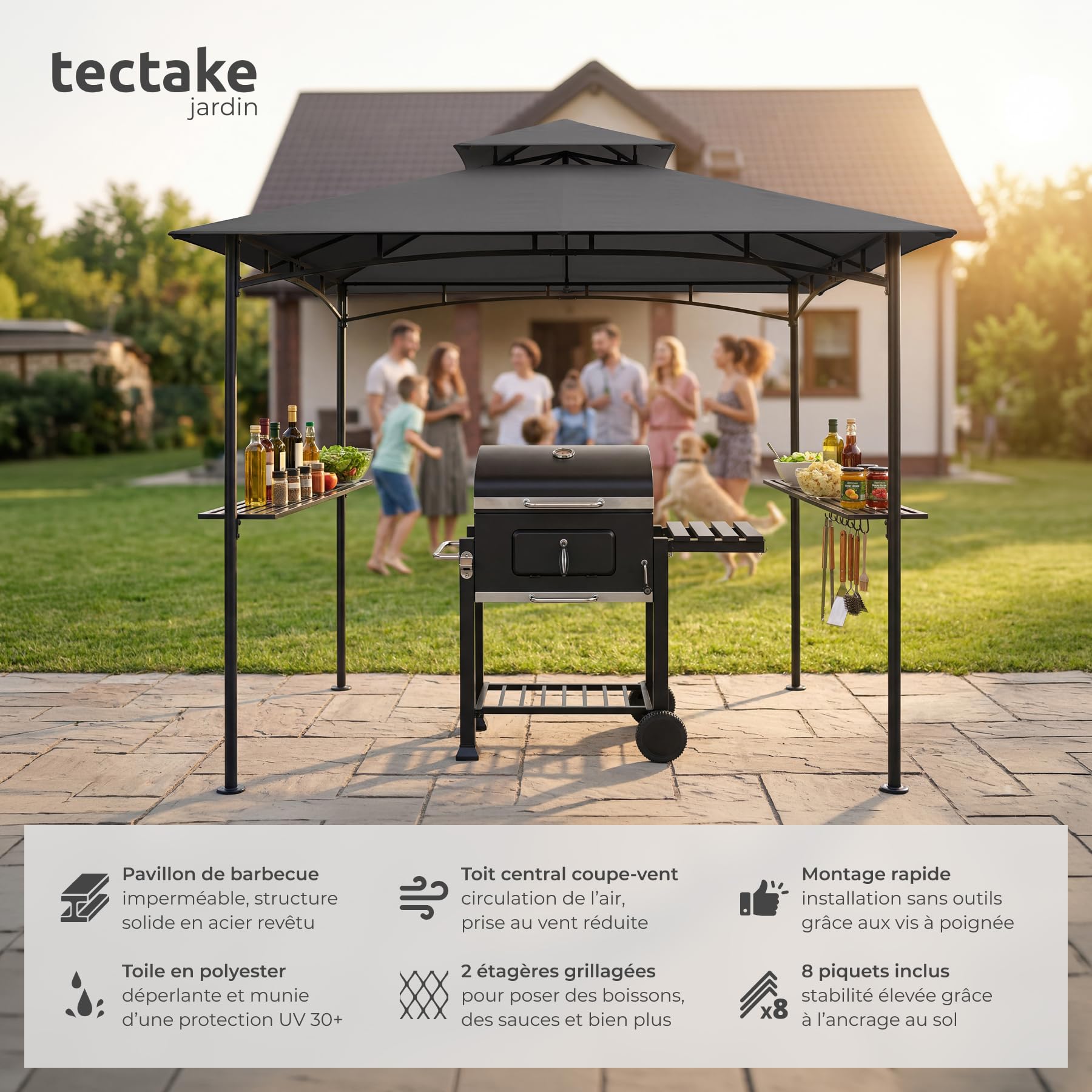 tectake® Abri de Jardin pour Barbecue Charbon, Barbecue Electrique, Plancha, Cuisine exterieure, 240x150x250 cm, Abri Barbecue Toile étanche, Protection UV, Double toiture, Résistant aux intempéries