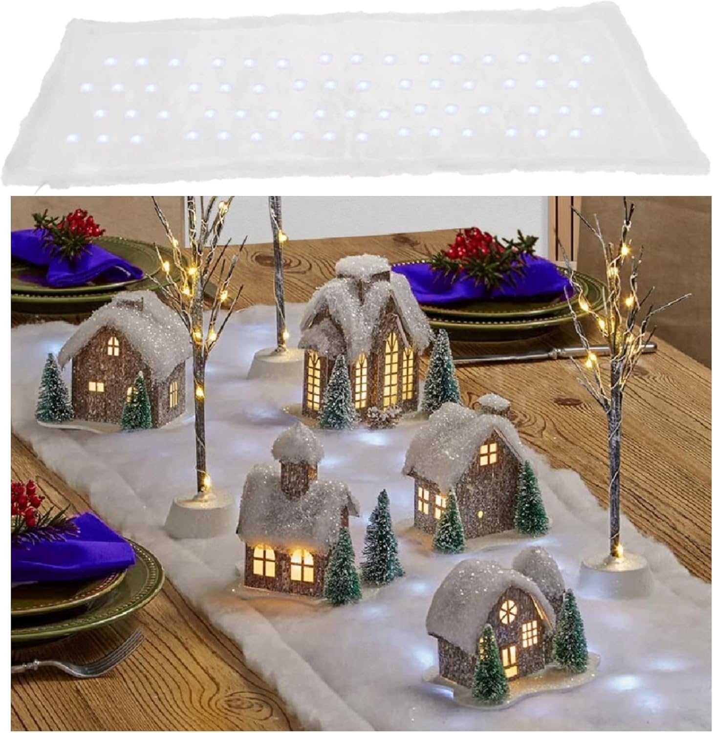 Kovot LED Snow Christmas Holiday Decor Table Runner Artificial Snow Village Blanket 47" x 17