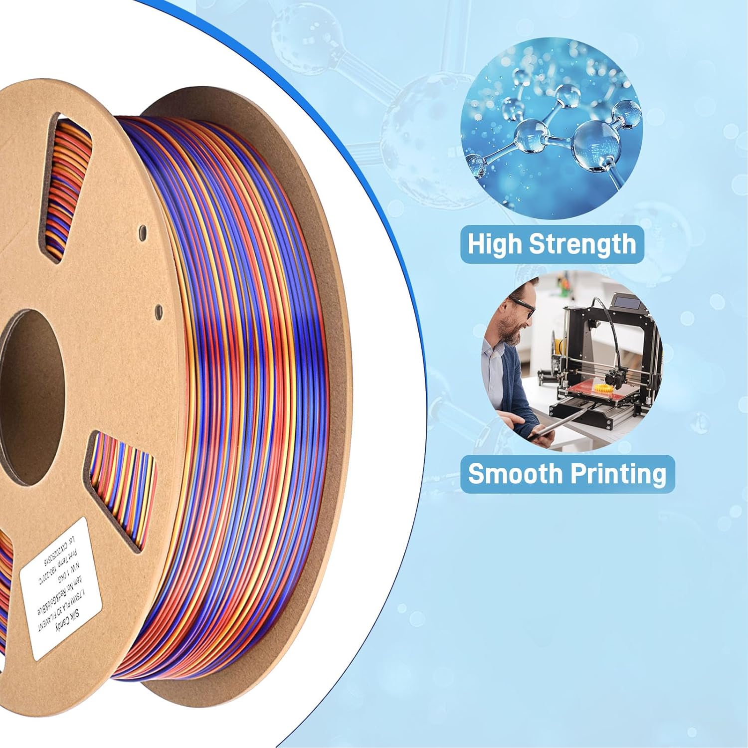 WALFRONT Colors PLA Filament 3D Printer Filament PLA 1.75mm Silk Rainbow Red Gold Blue 1KG 0.02mm Accuracy for High Modeling Quality