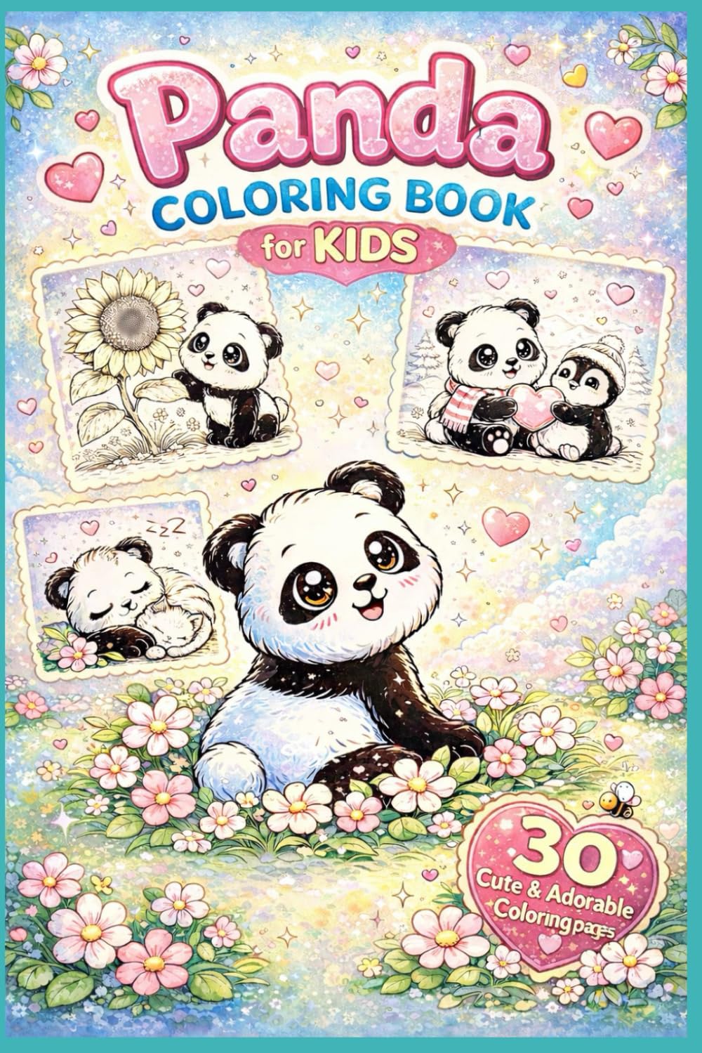 Cute Panda Colouring Book for Kids: 30 Sweet and Easy Panda Colouring Pages Filled with Love, Hearts and Cute Animals