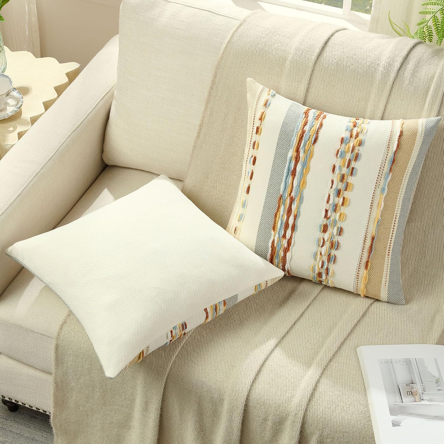FUTEI Rust Blue Yellow Decorative Throw Pillow Covers 18x18 Inch Set of 2, Soft Tufted Striped Textured Accent Cushion Case,Boho Pillows for Couch Decor