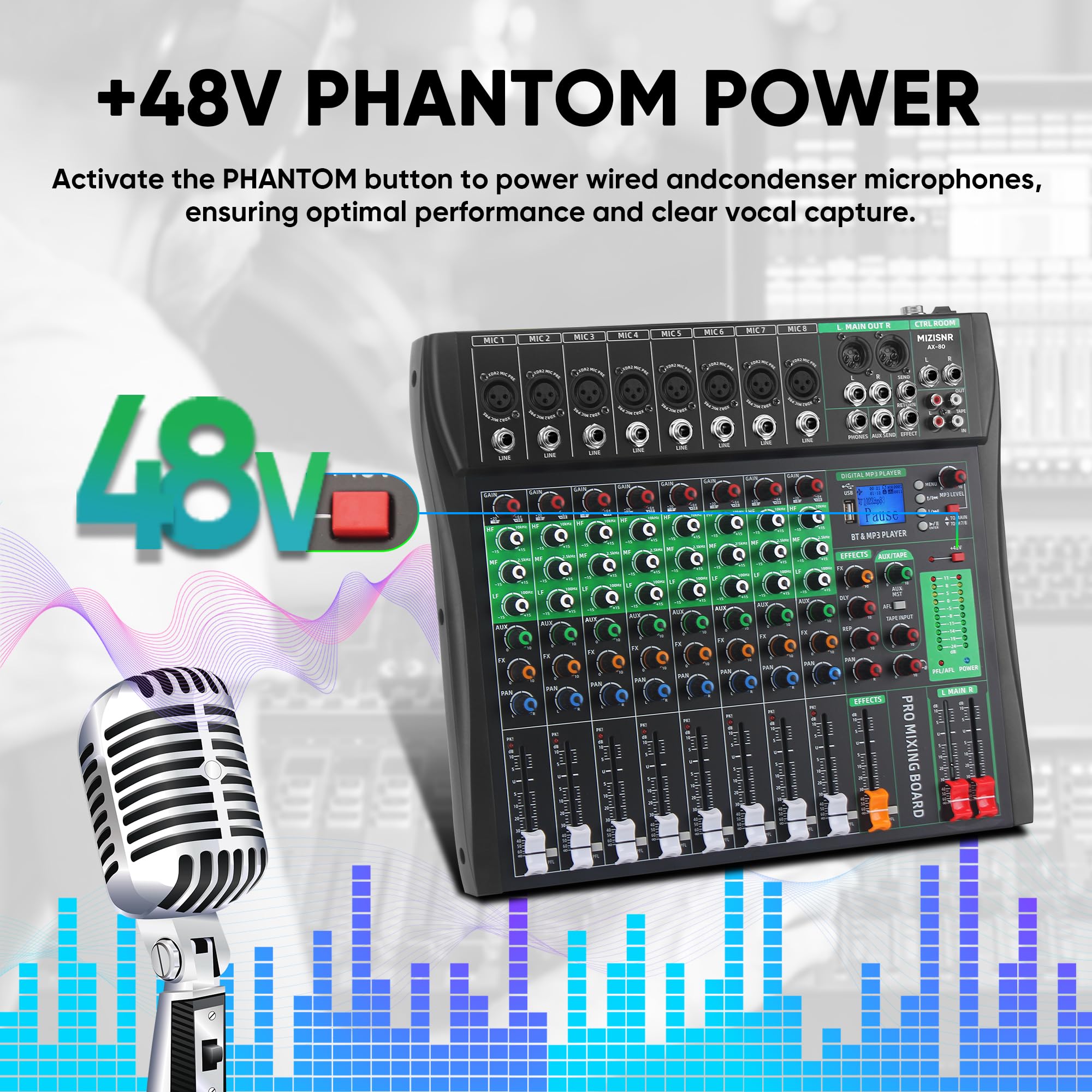 8 Channel Audio Mixer, Professional DJ Mixer Board Sound Music Mixing Console Digital Mixer with Reverb, Bluetooth, USB Port, 48V Phantom Power for Recording Karaoke Podcasting