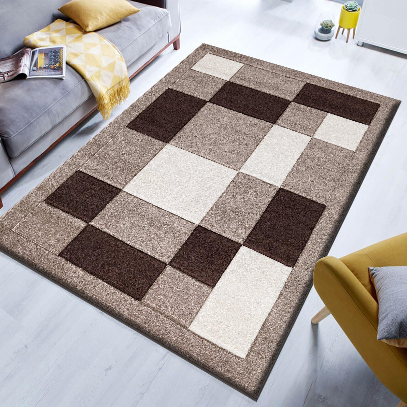 renoazul® Jute Back Area Rugs For Living Room - Havana Beige Brown - 120 x 170 cm - Washable Geometric Rug For Bedroom, Sitting Room and Lounge Rug