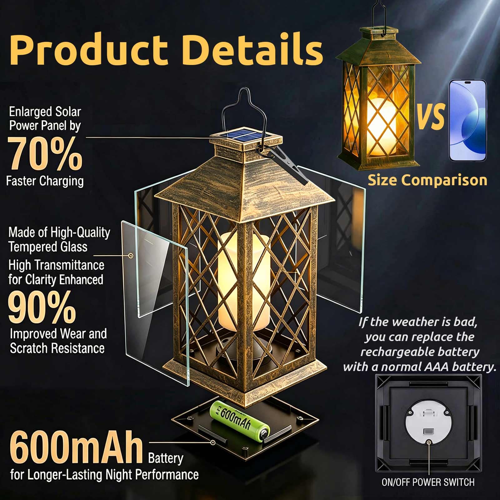 Joycome Farolillos Solares Exterior 2 Piezas Lampara Solar Exterior Jardin con Vela Parpadeante, Impermeable Decoración Terraza, Farol Solar para Jardin Mesa Terraza Valla Tumba y Regalos - Bronce