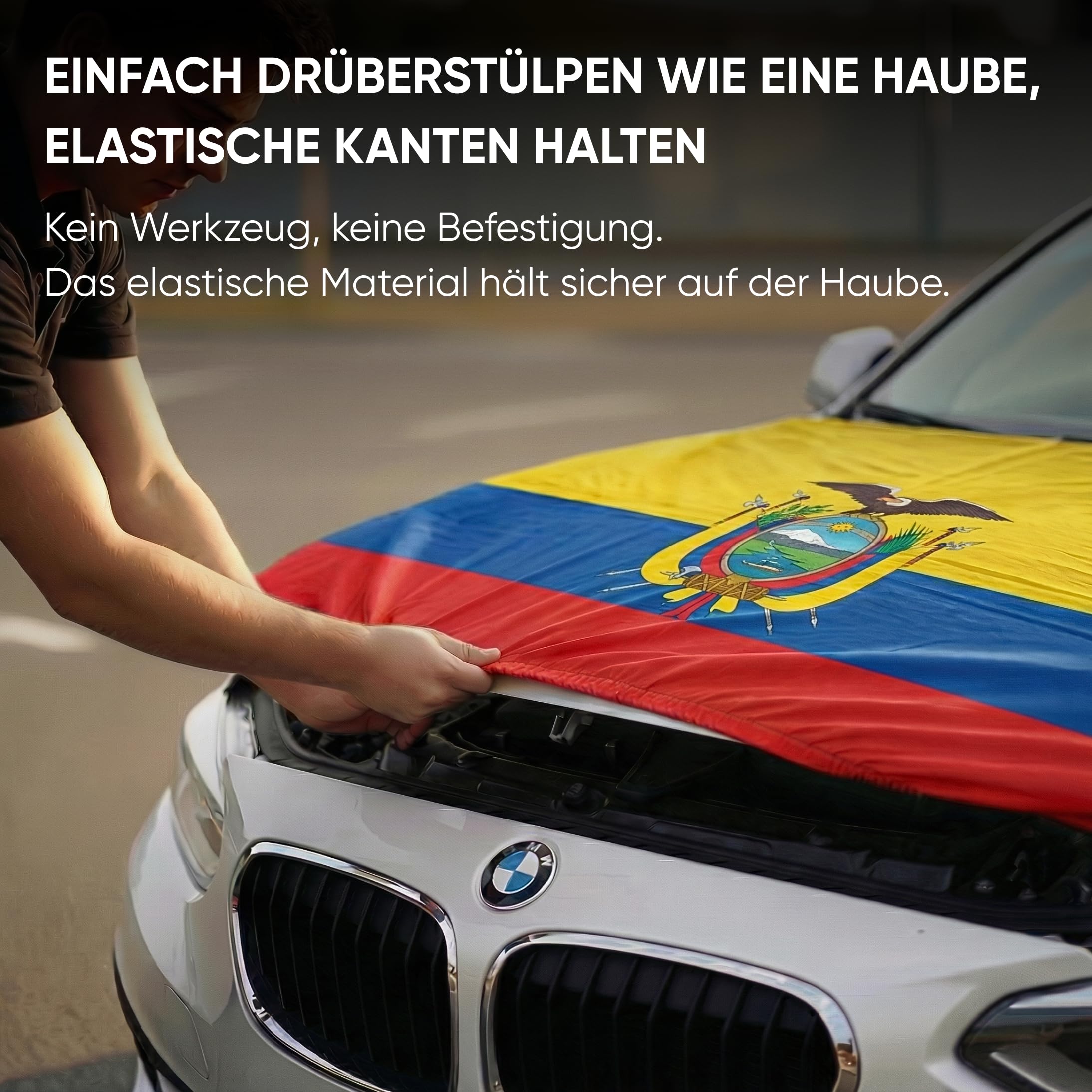Auto Fahnen Ecuador Komplett Set - Motorhaubenfahne, 2 Autofahnen Fenster & 2 Außenspiegelfahnen, Fußball Fanartikel FZG für EM & WM, Ecuadorianische Flagge Fahrzeug Deko