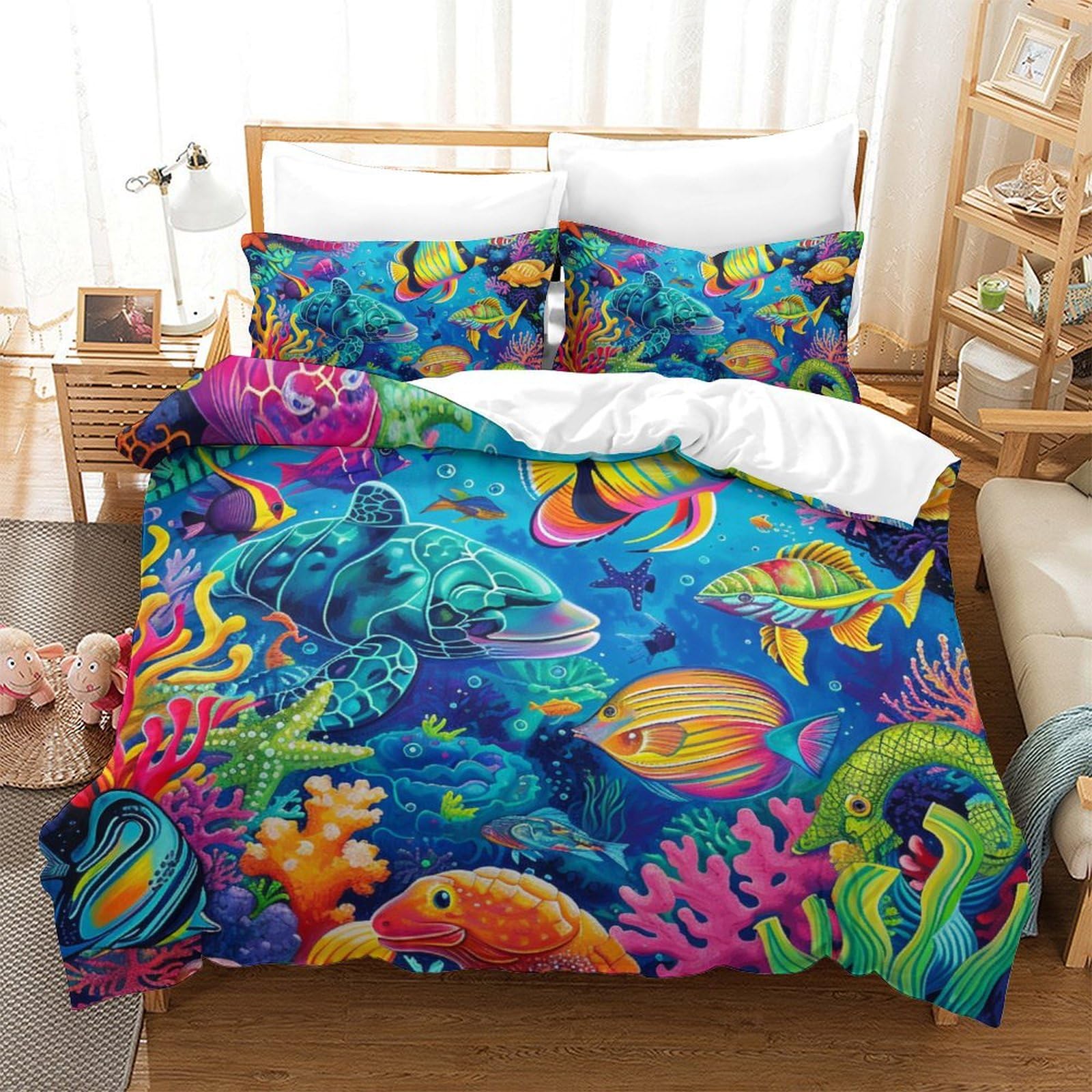 Housse de couette douce organismes marins zipper 220x240 parure lit