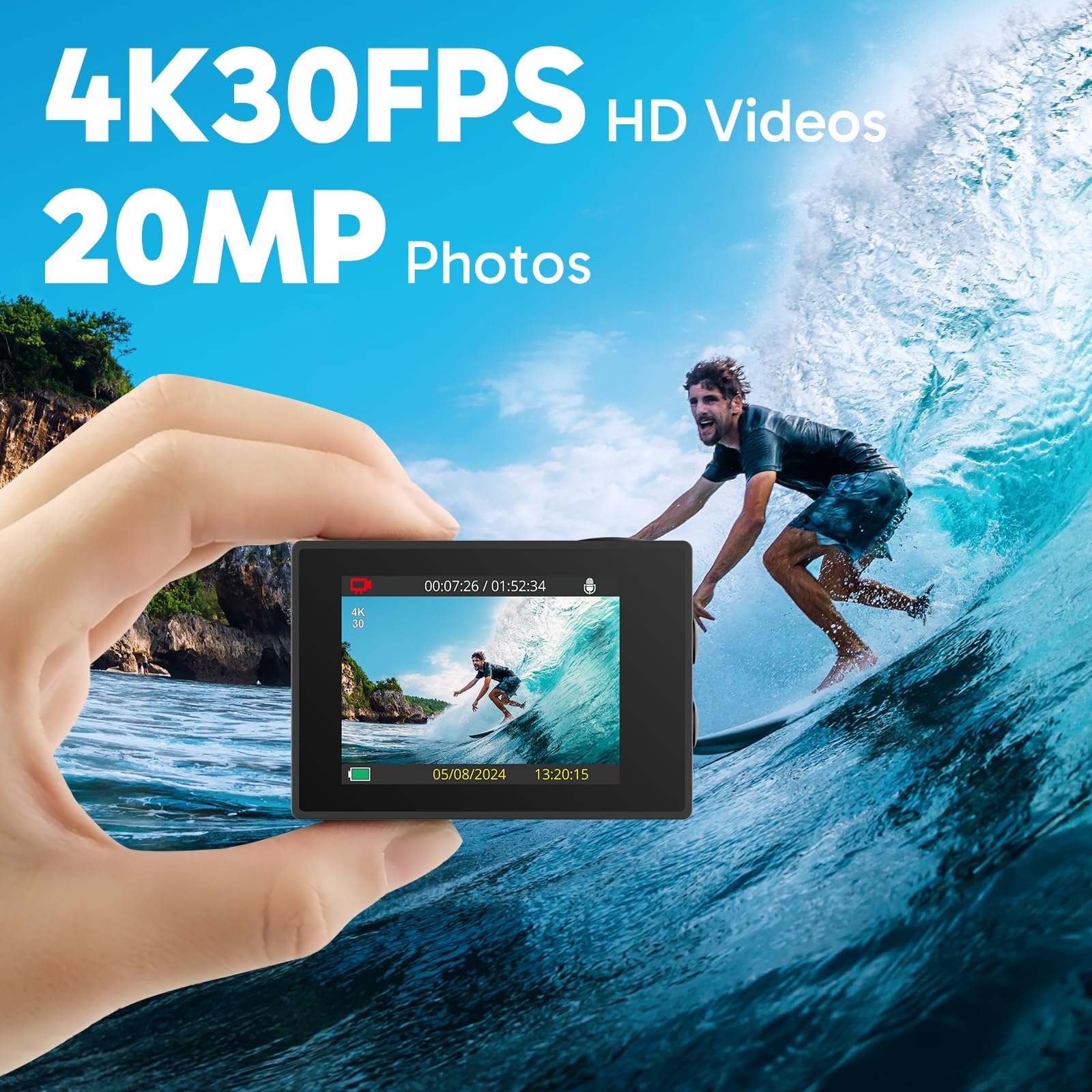 AKASO EK7000 4K30FPS 20MP WiFi Action Camera with EIS Ultra HD 131FT Waterproof Underwater Camera Remote Control 4X Zoom Support External Microphone: Black