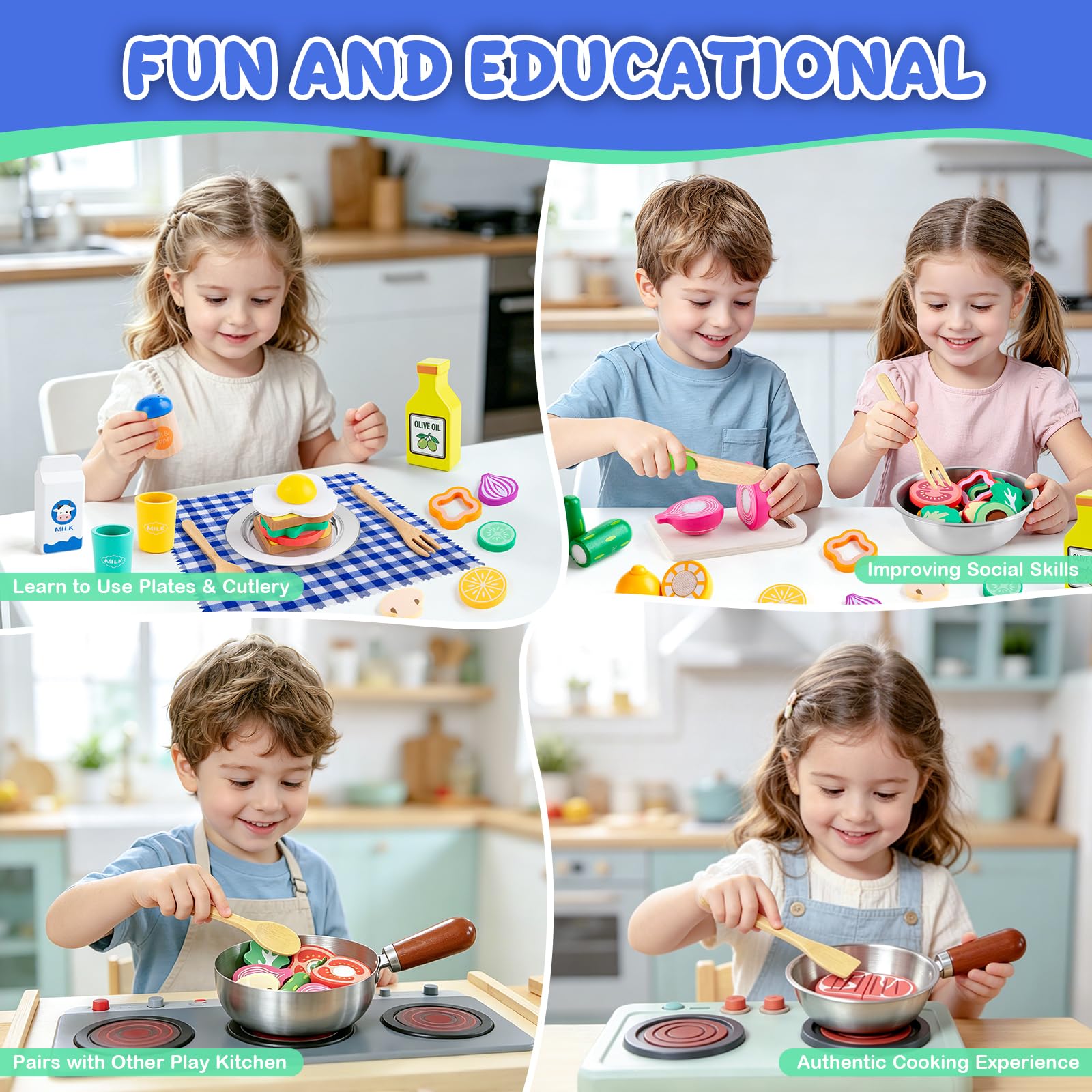 SEMKOTREE Cucina Giocattolo per Bambini, Accessori Cucina Bambini Legno Set Utensili Cucina, Insalatiera Pentole Acciaio Inox, Giochi Bambina Gioco Montessori, Regalo Bimba Bimbo 3 4 5 6 Anni