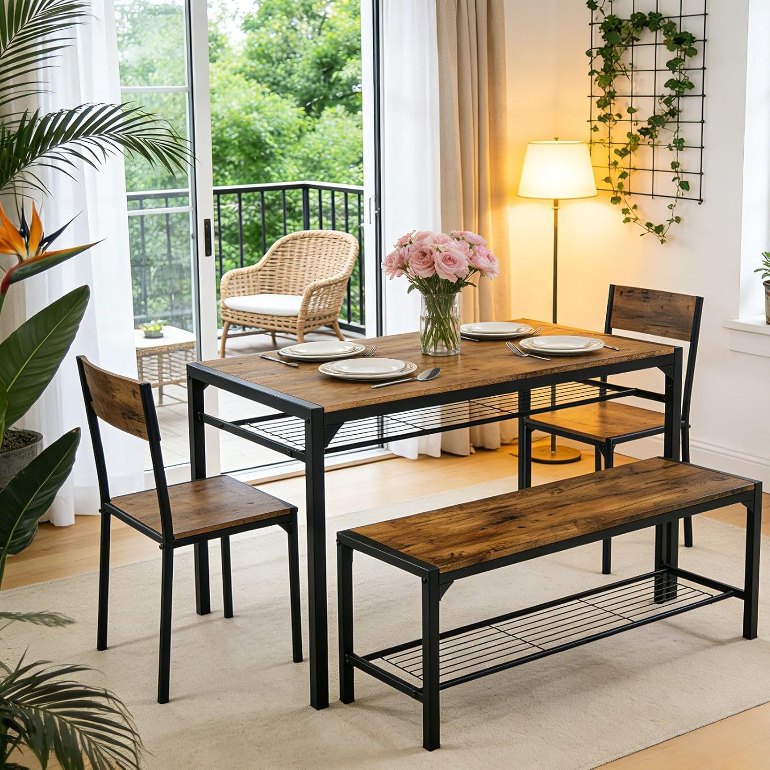 Karl home 4-Piece Dining Table Set for 4, Modern Kitchen Table Chairs Set for Small Space,Apartment, Storage Rack, Rectangular Table, Bench, 2 Chairs, Metal Frame-Retro Brown