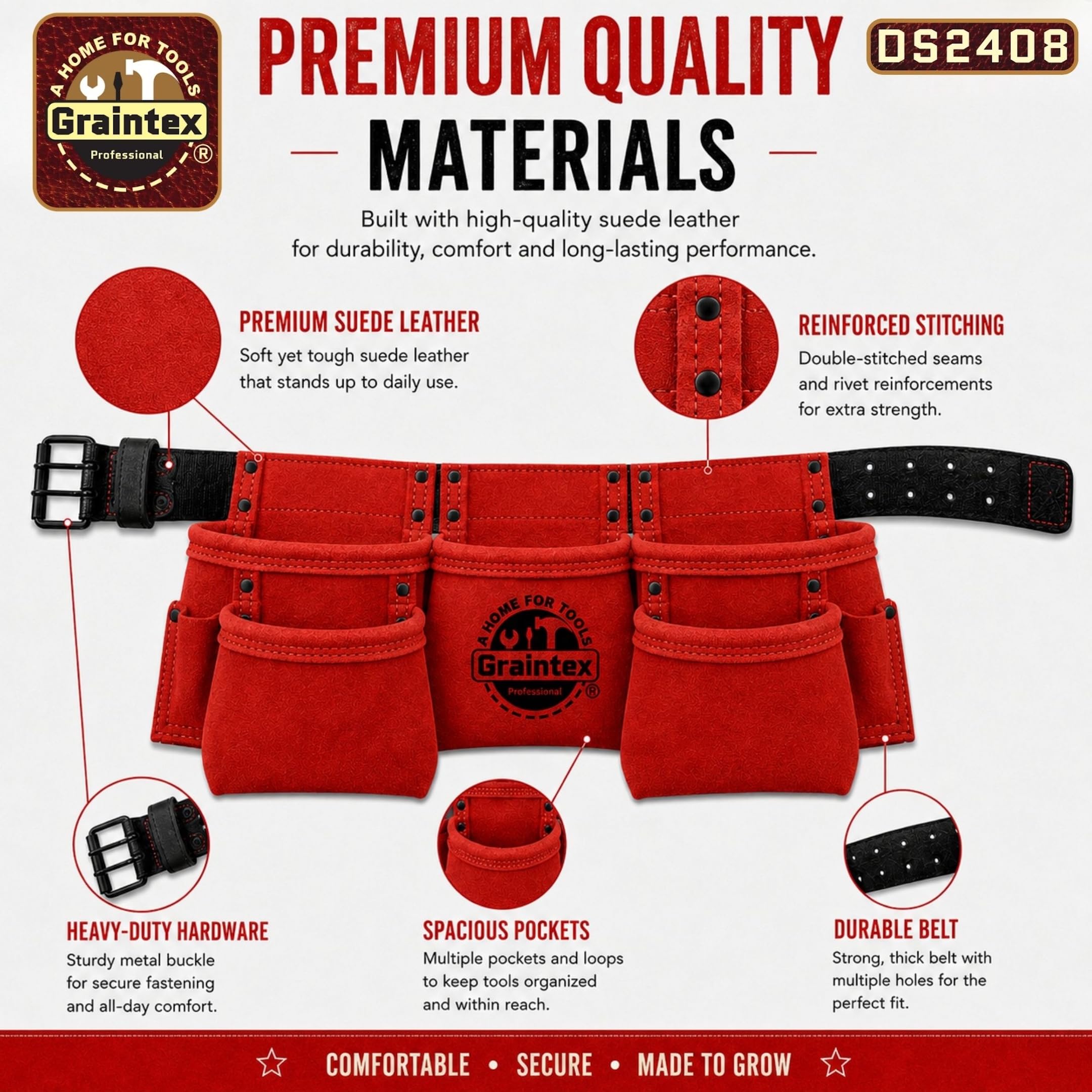 Graintex DS2408 9 bolsillo niños trabajo delantal color rojo gamuza cuero con cinturón de cuero de 1.1/2 pulgadas, 2 martillos titulares lazos