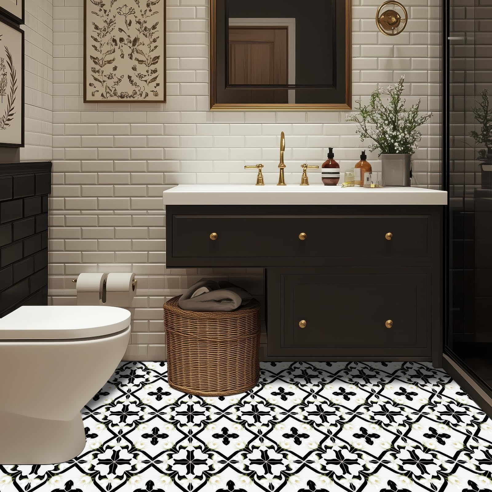 HOMETITUTE 10 piastrelle adesive rimovibili per pavimenti in vinile con motivo giglio bianco e nero, 30,5 x 30,5 cm, per cucina, bagno, soggiorno, ingresso, decorazione per la casa
