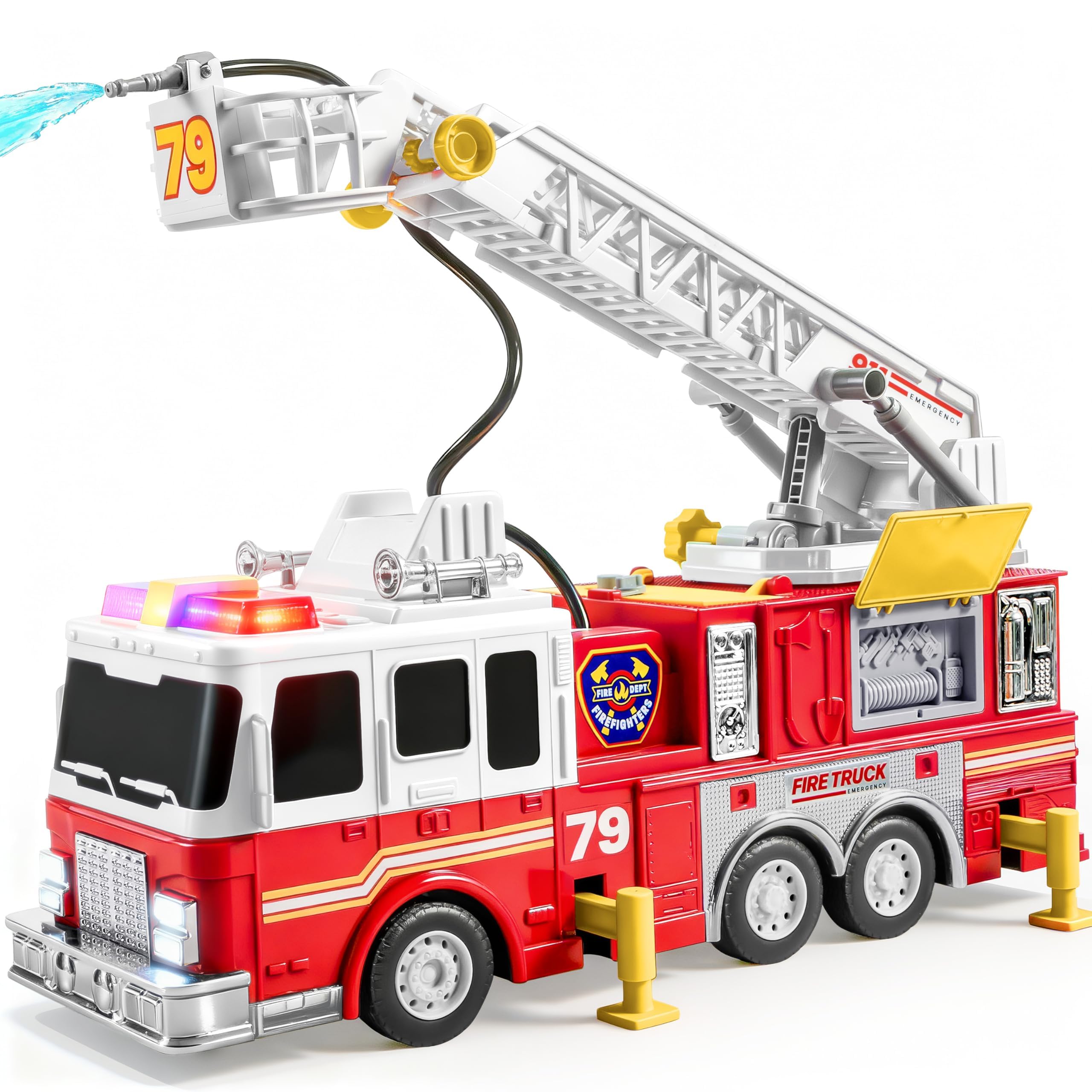 JOYIN Extra Large Toddler Fire Truck Toys for Boys with 33-inch Ladder, Lights & Sprinkler Pump, Big Emergency Vehicle, Kids Toys for Age 3, 4, 5, 6, 7, Christmas Birthday Gift for Grandkids