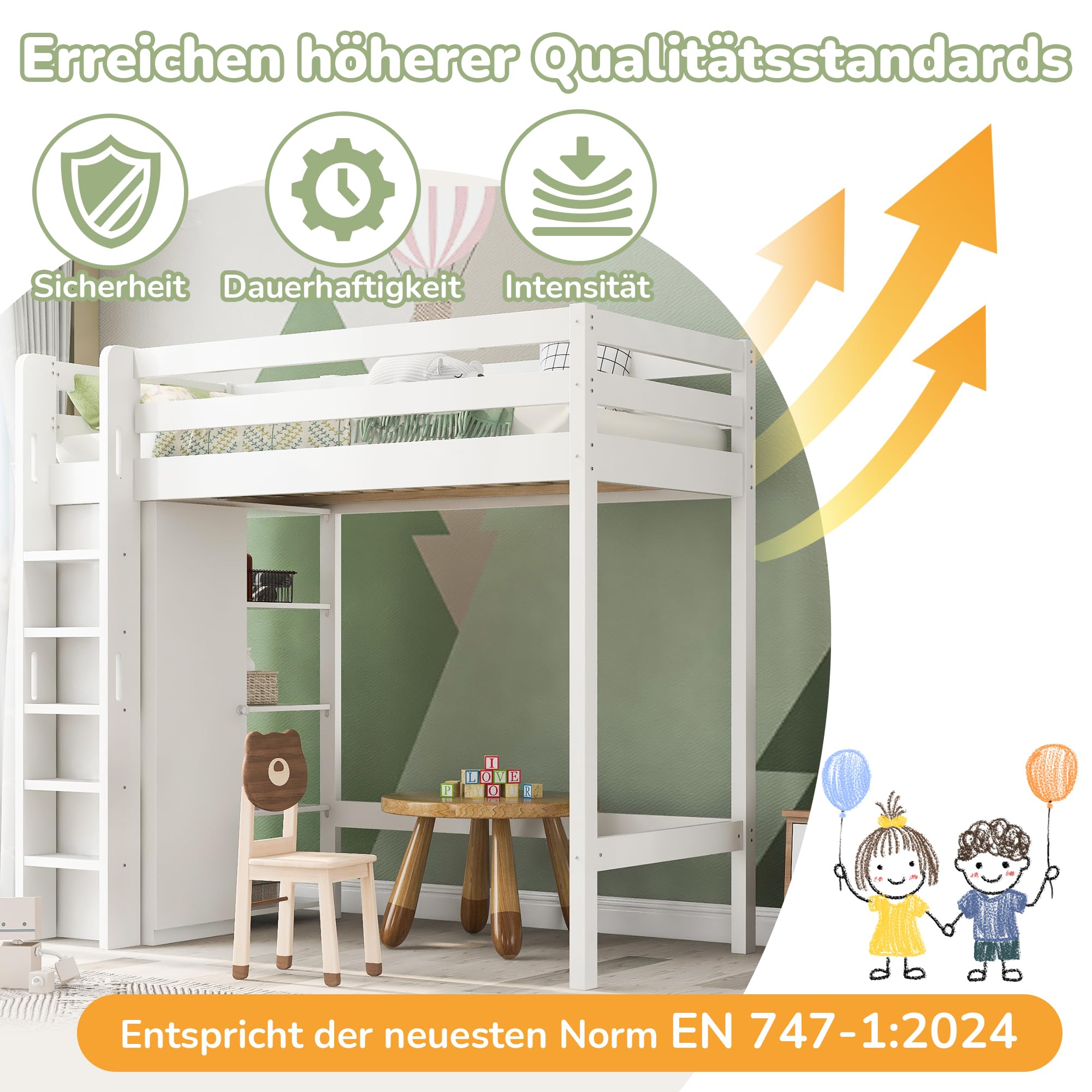 Merax Hochbett 90x200 cm, Kinderbett aus Holz mit Rausfallschutz und Treppe, Jugendzimmer mit Kleiderschrank und 6 Regalen, Vielseitiges Einzelbett mit Lattenrost, Spielbett für Jungen Mädchen, Weiß