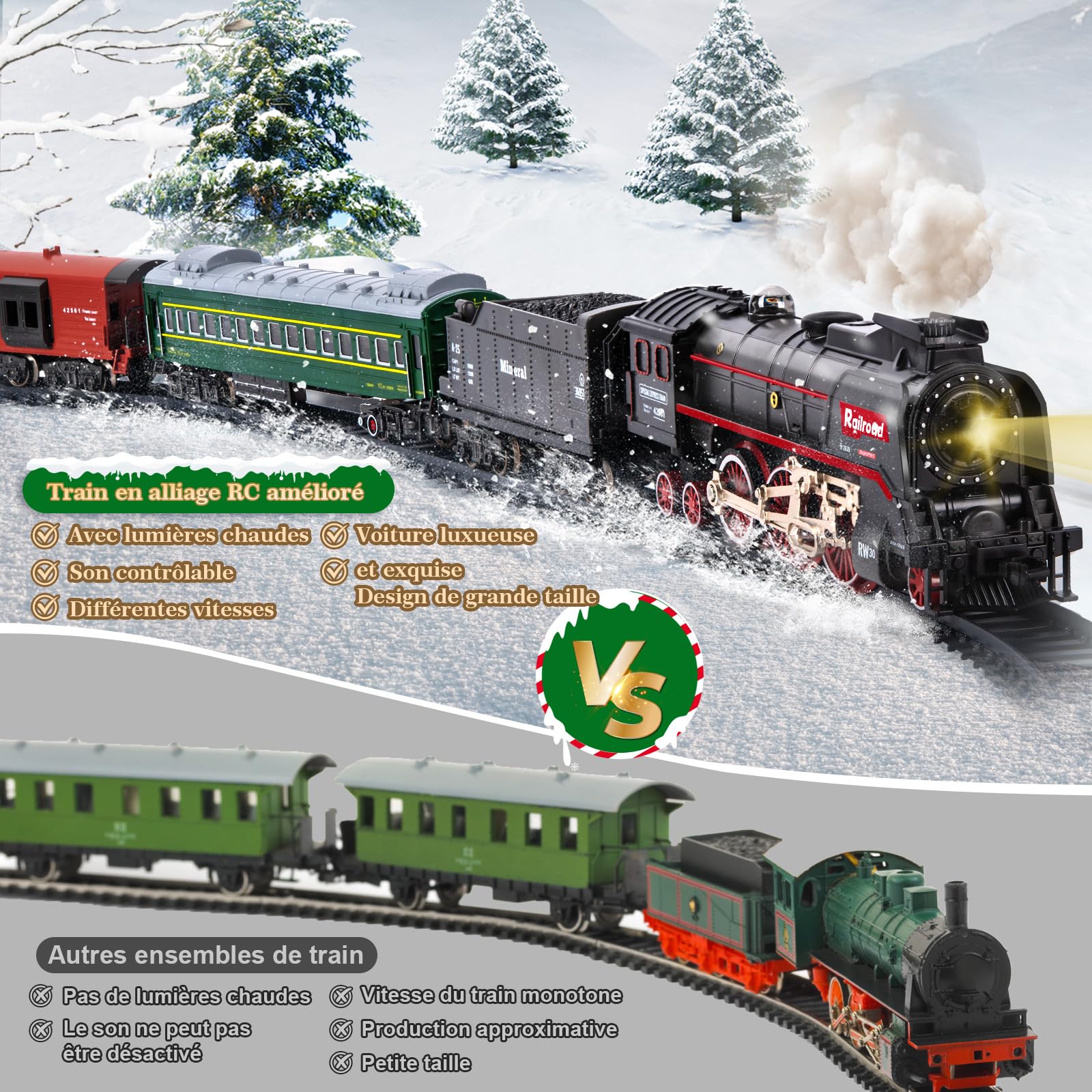 Joellfuner Jouet De Train Électrique À Vapeur, Train Electrique Enfant avec Telecommande, Locomotive à Vapeur Electrique avec la Fumée Lumineuse et Le Son, Cadeaux de Noël Anniversaire pour Enfants