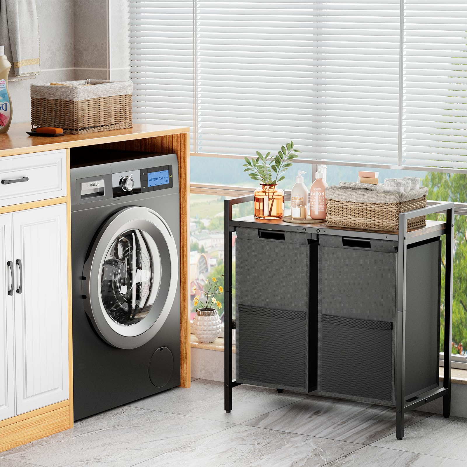 Wäschekorb Schwarz mit ablage 2 Fächer, Wäschesammler mit Ablage, wäschesammler Wäschesack Waschesammelbox aus Oxford-Laundry Baskets,Metallrahmen, 2 x 46 L, 73 x 33 x 72 cm