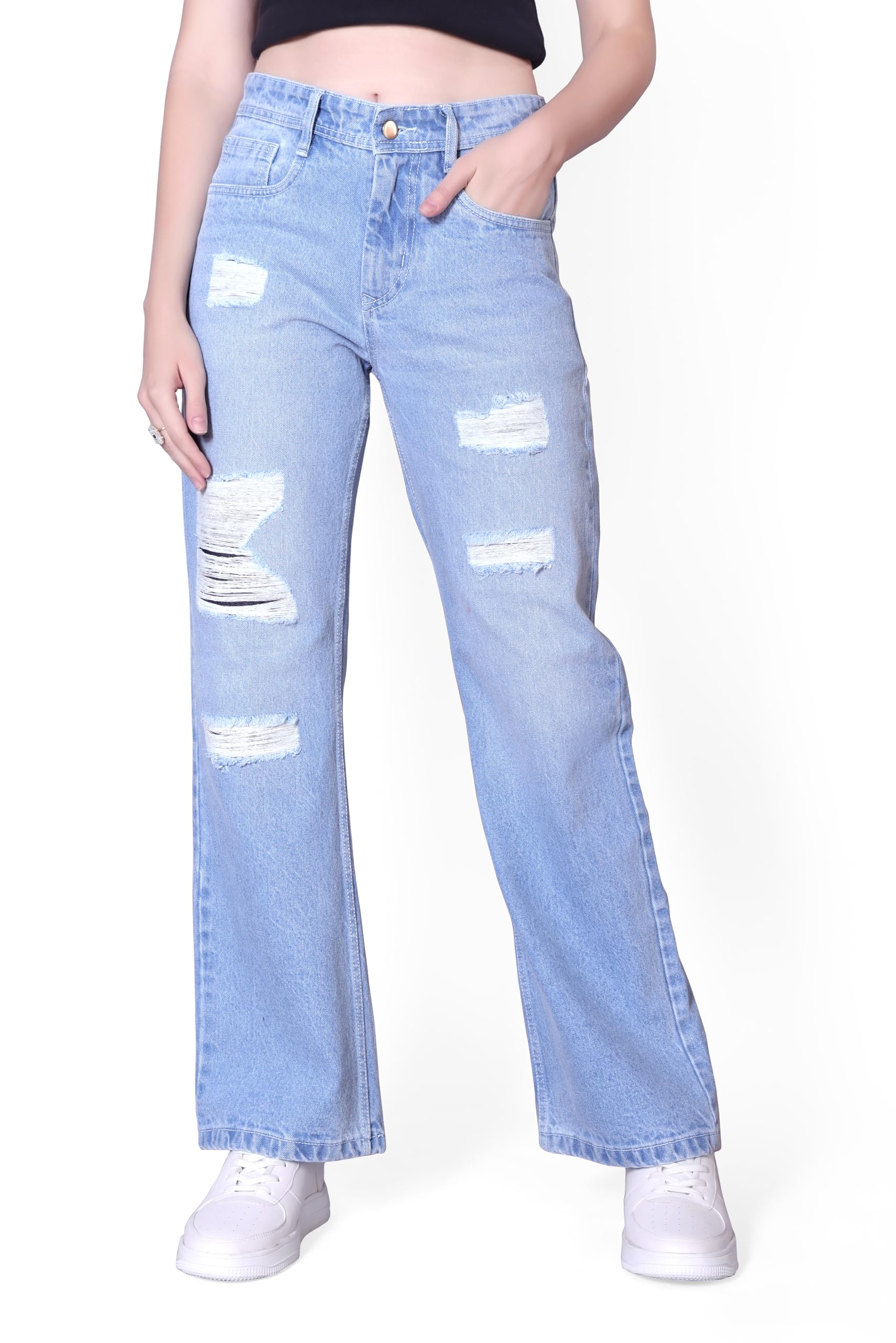 burani Vintage Inspired Women's Wide Leg Jeans | Cotton | Dual Shade Distressed Denim | Non-Stretchable | Comfortable Loose Fit | Available in Dark & Light Shades-picture-26