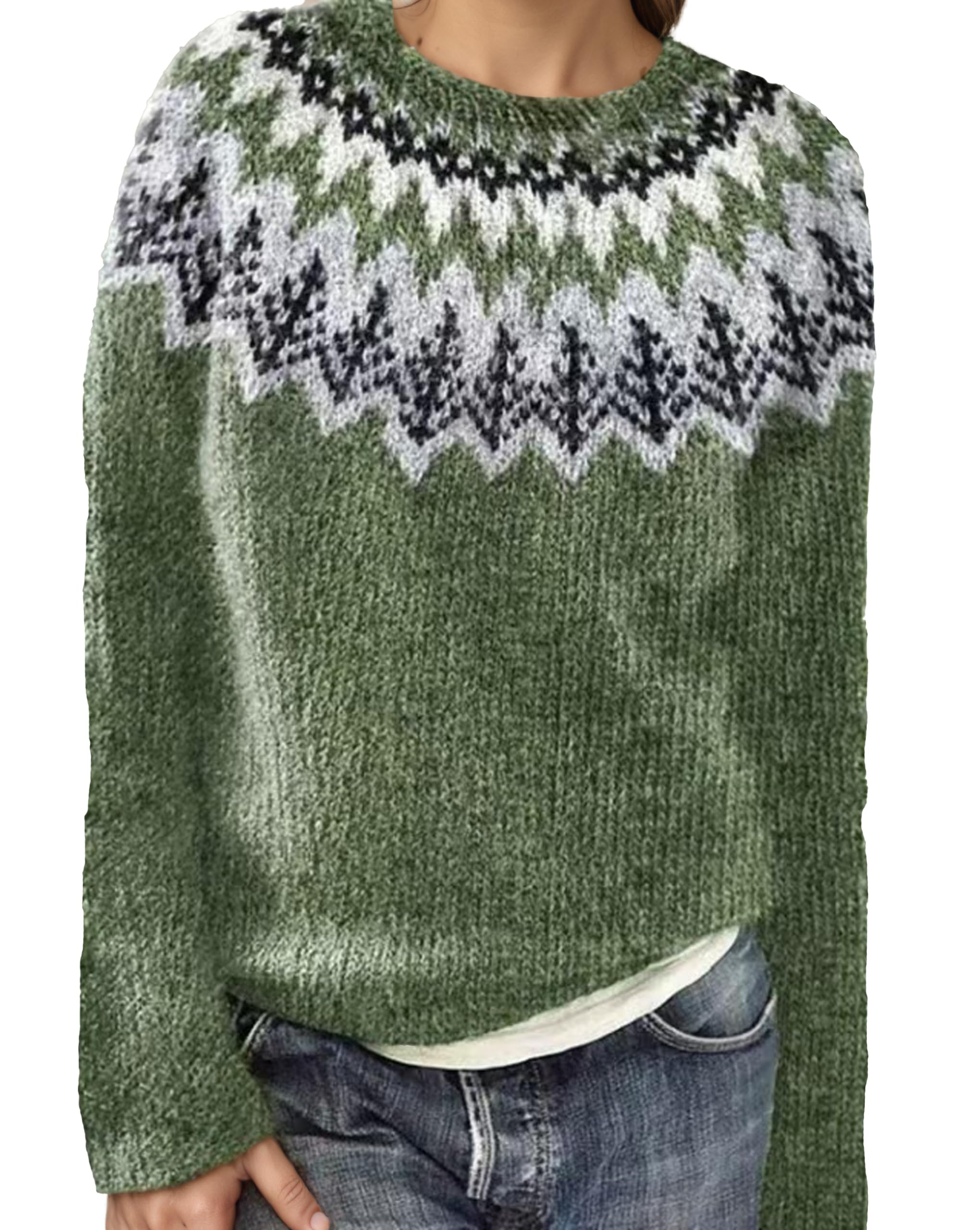 Women Winter Vintage Print Pullover Sweater Oversized Retro Knit Long Sleeve Crewneck Jumper Top