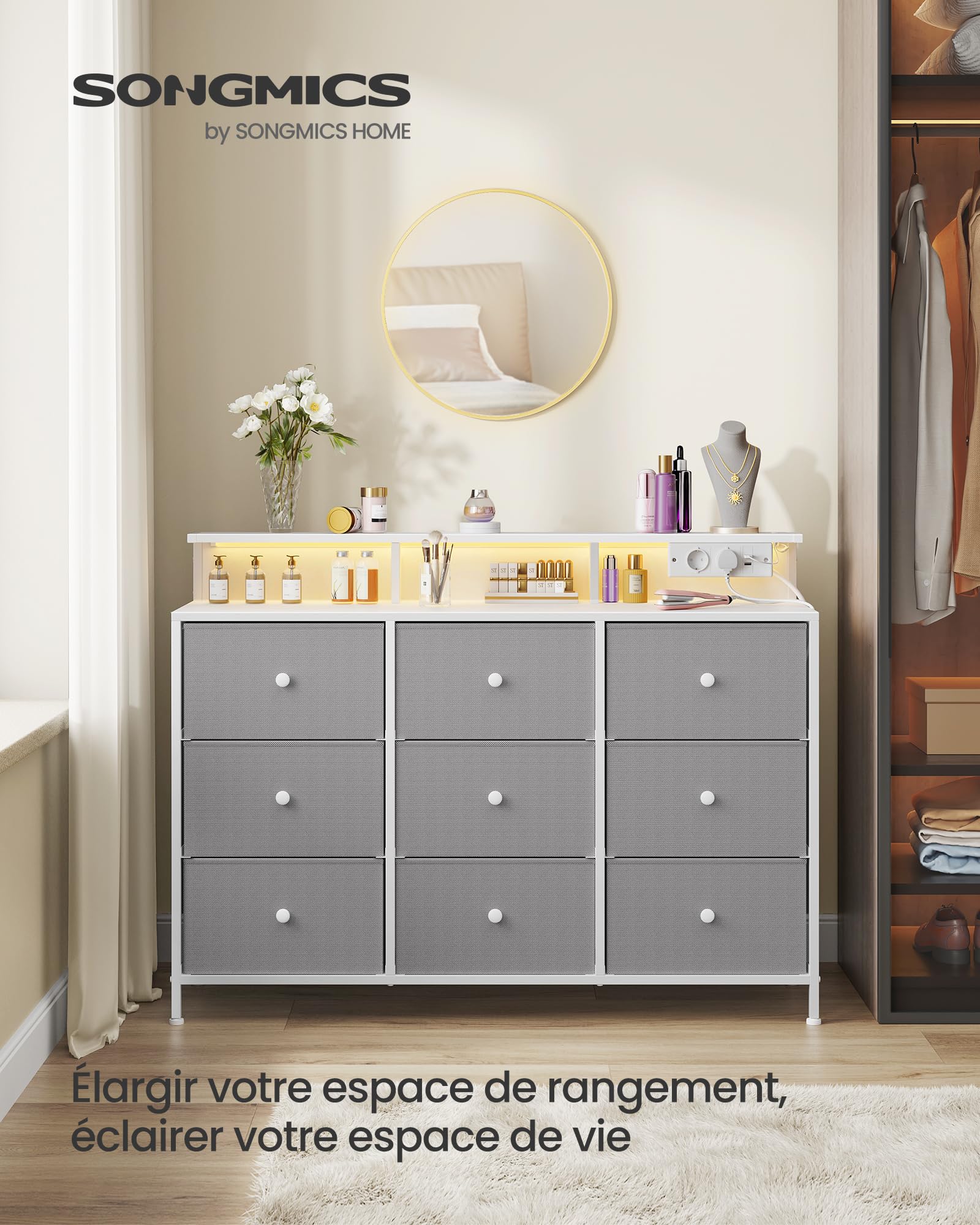 SONGMICS LTS519G01 Cassettiera 9 Cassetti Con LED E Prese USB – Grigio Tortora, 33,5x114x84 Cm, Per Camera Da Letto - 5