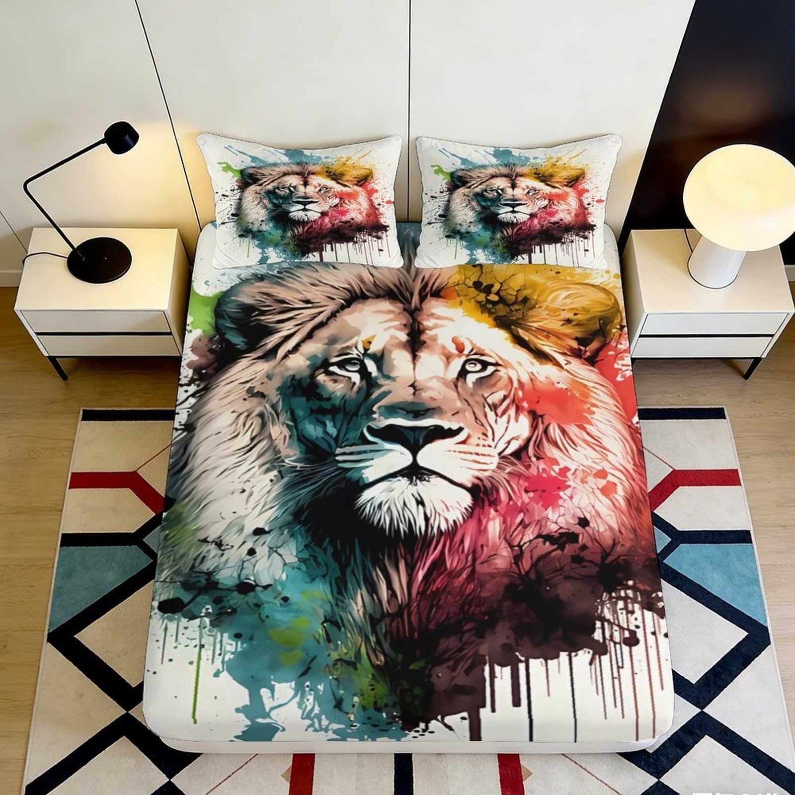 Jqzkxnhpbr Style-1 3D Printed Colorful Lion Fitted Sheet Microfiber Soft Artistic Wild Animal Bed Cover For Bedroom Dorm Mattress Protection Decor 90X200x25cm