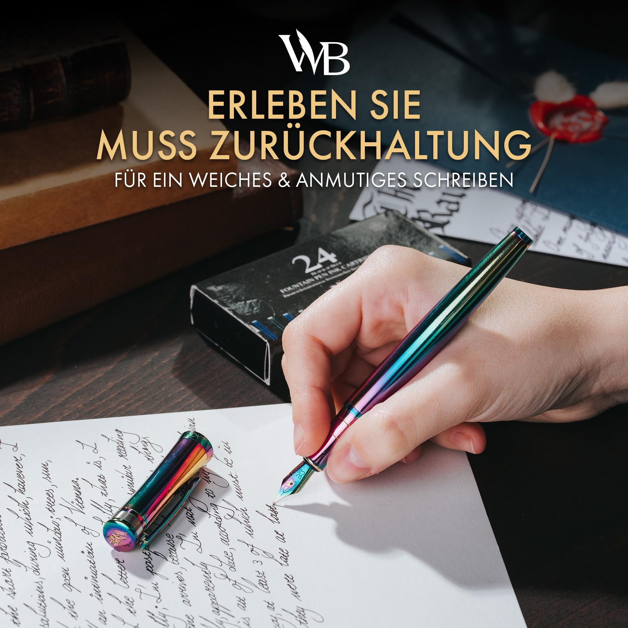 Wordsworth & Black Füllfederhalter-Set, mittlere 18-Karat-Goldfeder, inklusive 24 Tintenpatronen, Kolbenkonverter und Geschenkbox, goldfarben, Kalligraphie, Regenbogen