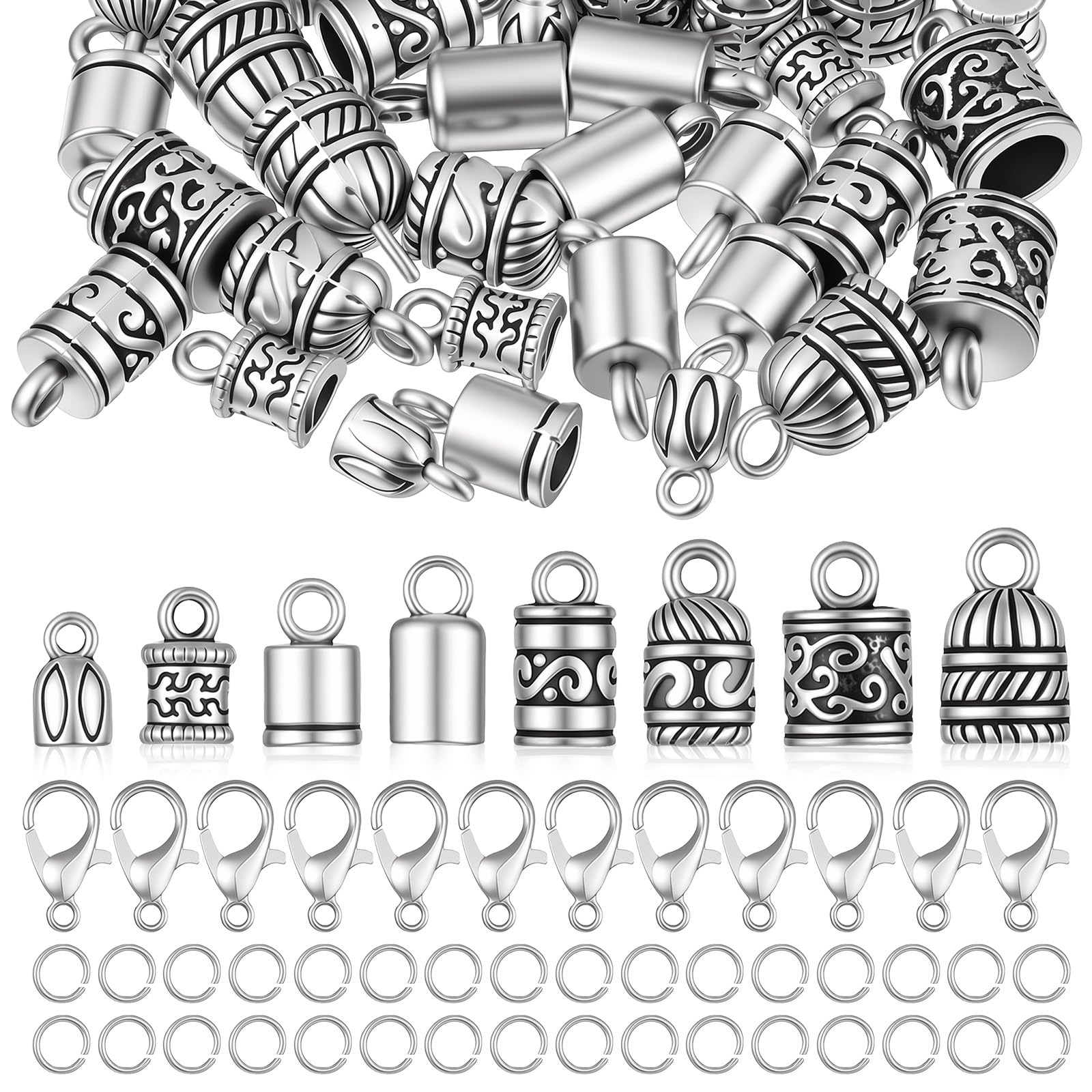 112 Pcs Cord End Caps for Jewelry Making, 8 Styles Silver Bead Caps Antique Tibetan Tassel End Cap with Lobster Claps Metal Jump Rings Crimp Beads Covers for Bracelet Necklace Making