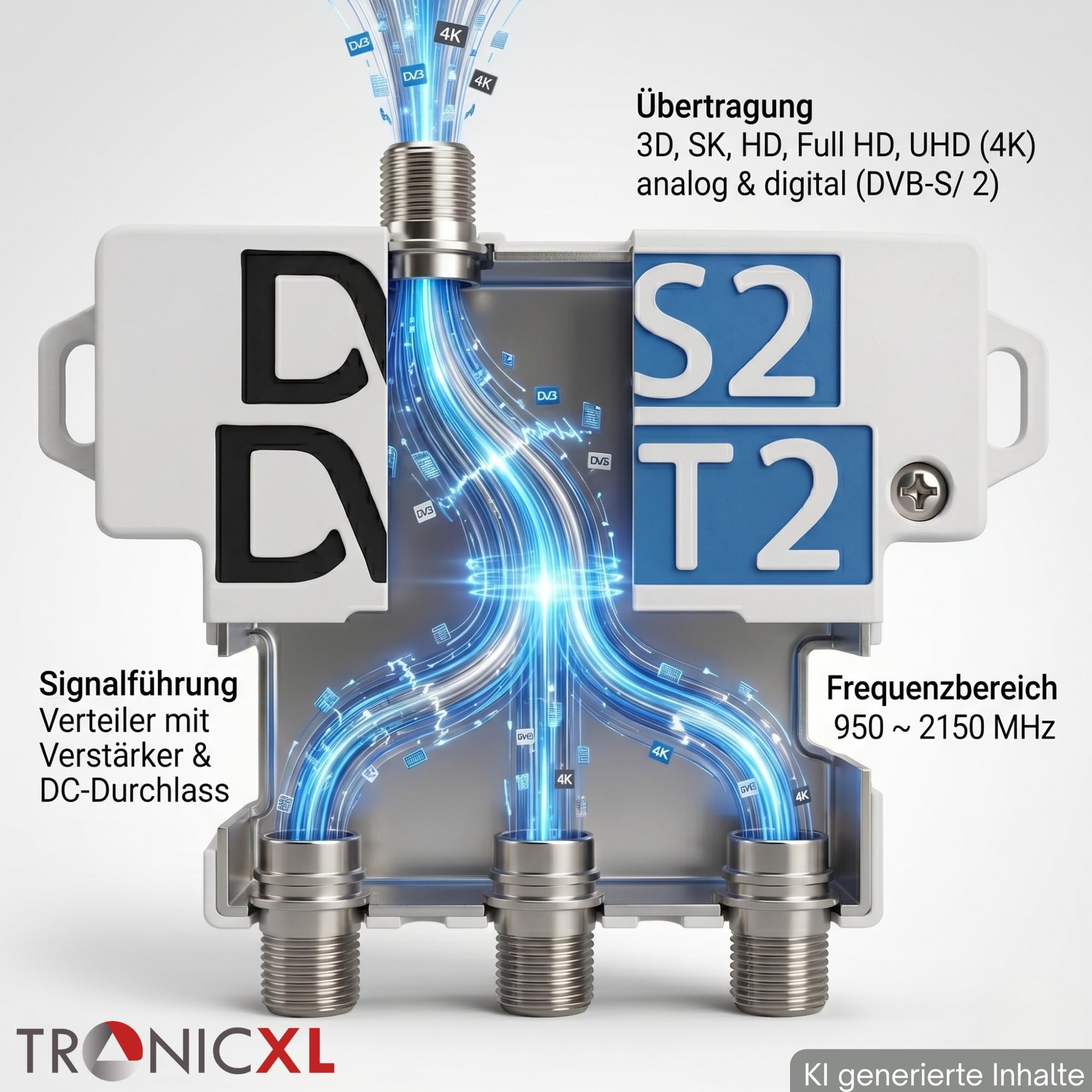 TronicXL Amplificatore di segnale da 60 dB con splitter satellitare a 3 vie, distributore antenna per DVB-S2 (satellite) / DVB-T2 (antenna), 4K 8K UHD TV morbido