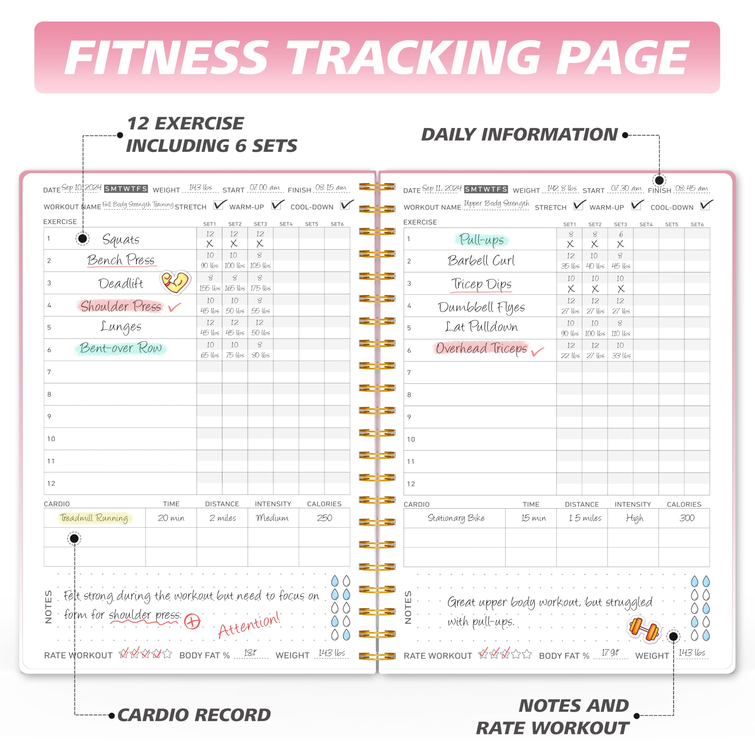 Dziennik fitness, planer treningu dla kobiet i mężczyzn, A5 (14 x 21,5 cm), solidny dziennik treningowy, na siłownię i osobiste treningi domowe, różowy
