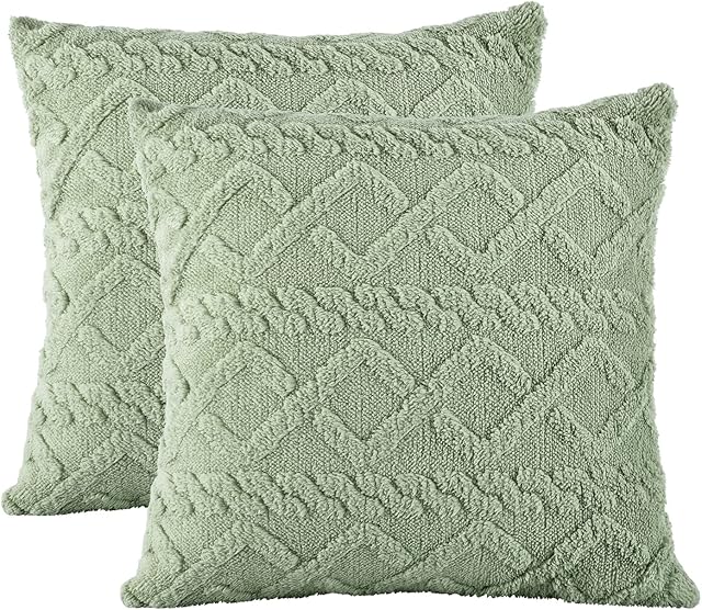 DANUBEE Pack of 2 Soft Plush Sage Green Cushion Covers 45x45 Boho Style Square Pillow Cases with Short Fluffy Faux Wool Pillow Shell Pillowcases for Sofa Couch Bedroom Living Room, Duck Egg Green