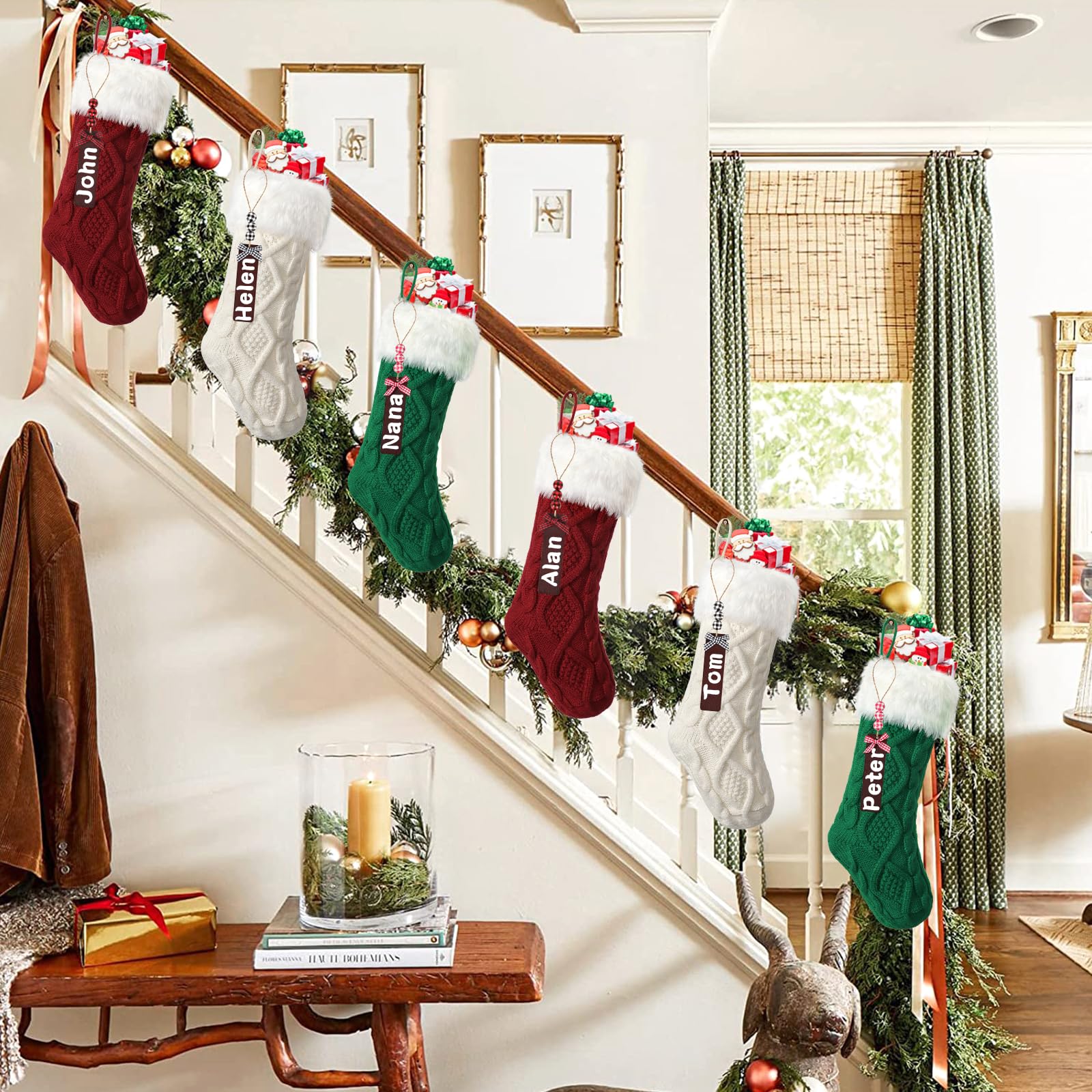 Lot de 6 Chaussettes de Noël tricotées en Laine avec étiquettes Nominatives Chaussettes de Noël Décoratives pour Fête de Noël Décorations de Noël et Cadeaux pour Enfants