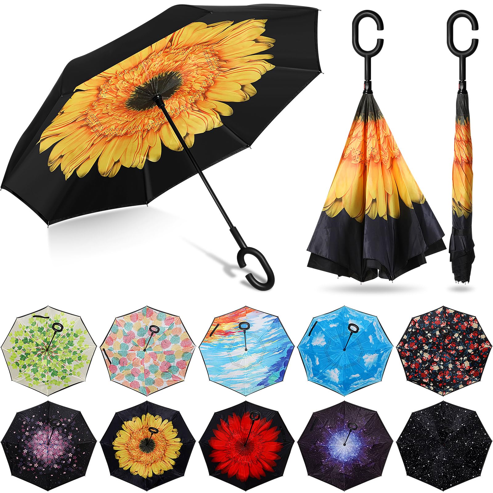 Jexine10 Pcs Family Easter Gift Umbrellas Bulk Inverted Upside Down Umbrella, 43 Inch Windproof Reverse Folding Double Layer Stick Travel Umbrella C-shaped Handle Reversible for Rain UV Protection