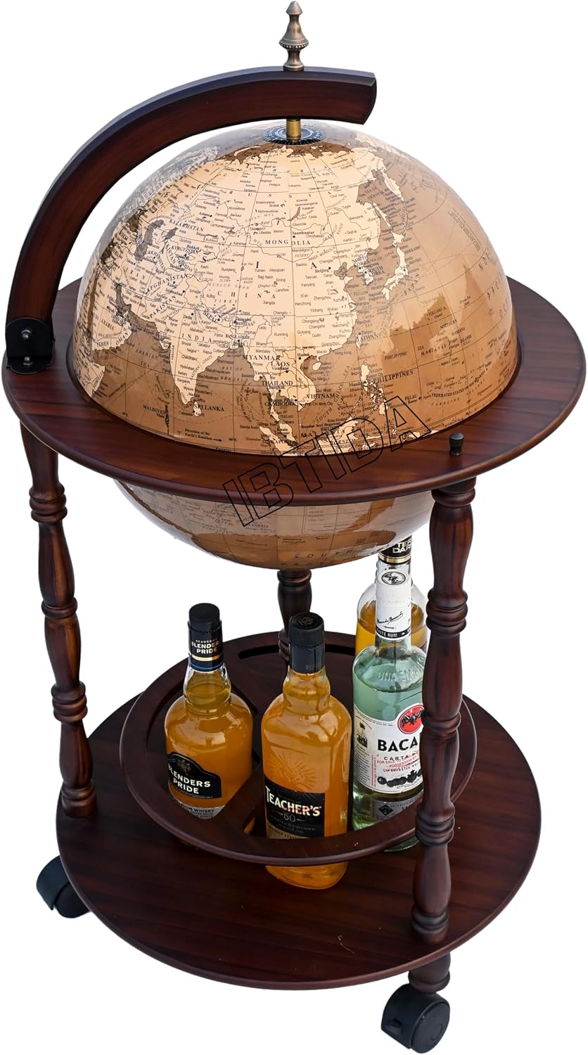 Globe Bar, 20” Wine Bar Wooden Stand Globe Wine Cart Liquor Bottle Shelf, 16th Century Retro Replica Wine Cupboard with Wheels for Dining Room Living Room, Retro Brown