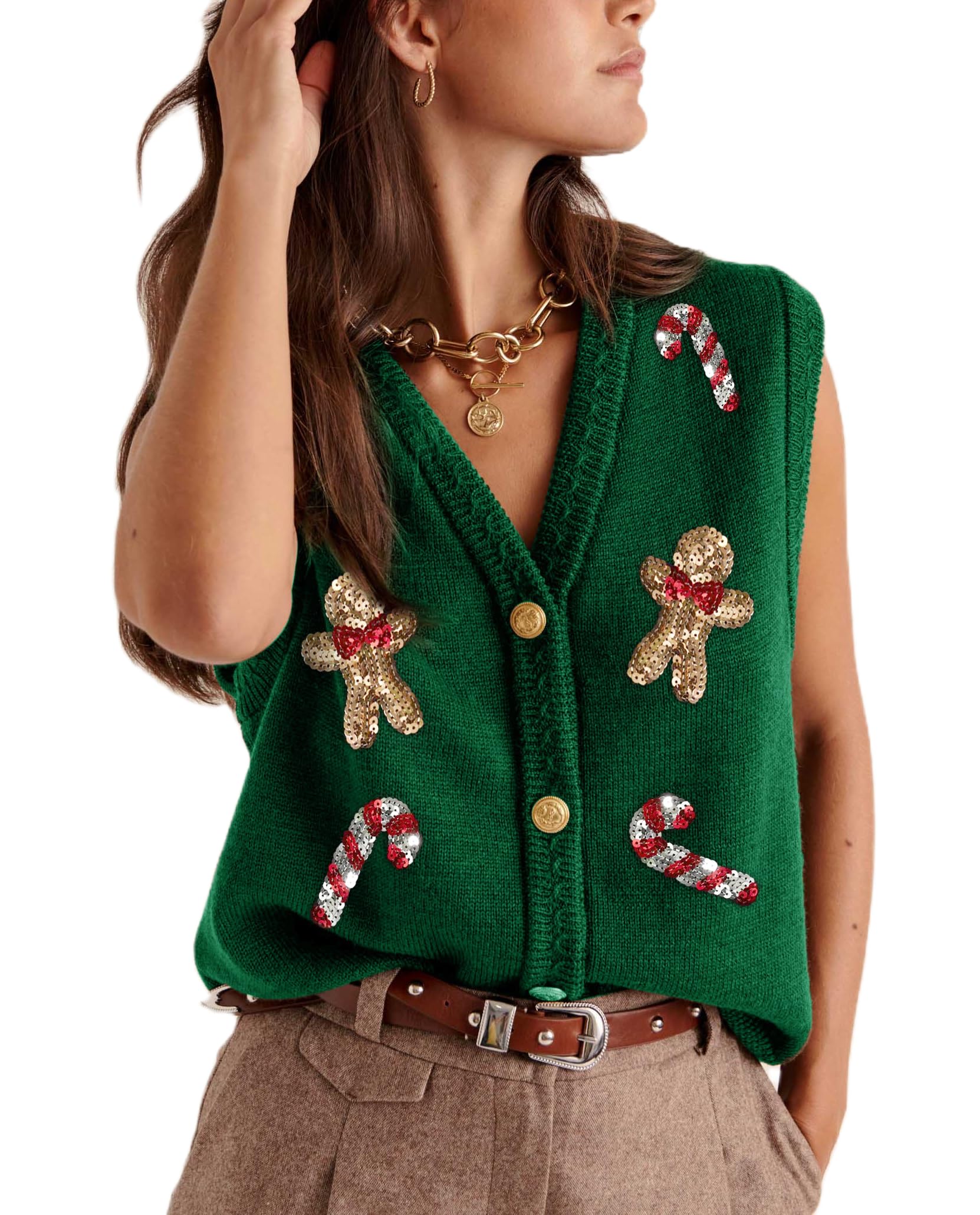 Juakoso Women Christmas Sweater Vest Cute Embroidered Button Front Crochet Tanks Holiday Sequin Knit Vest Top Xmas Clothes