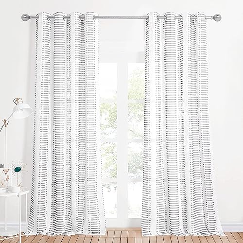 Miniatura 2 de StangH Cortinas traslúcidas de lino para casa de campo, cortinas semitraslúcidas de privacidad con rayas grises impresas, cortinas de sentido