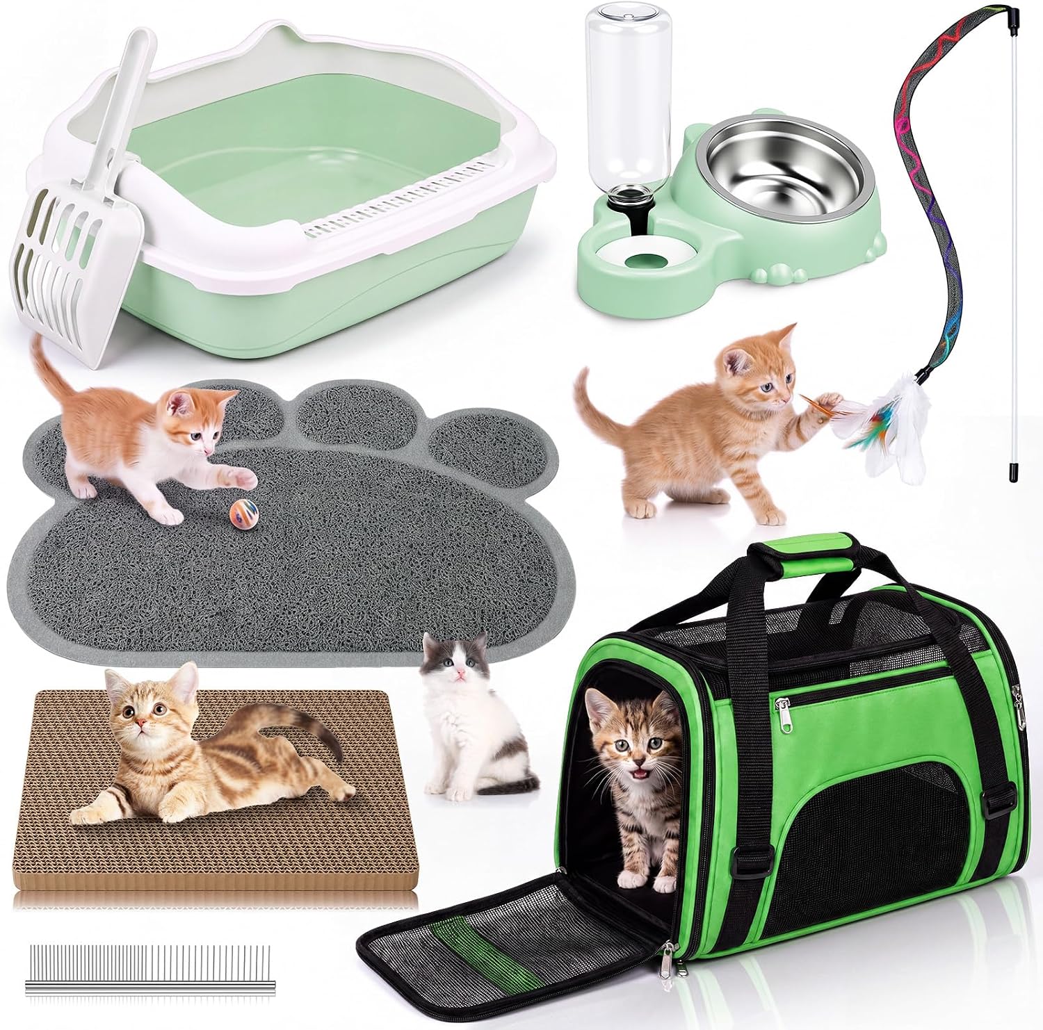 8 Pcs Kitten Supplies Starter Kit, Cat Kitten Starter Kit Essentials Includes Cat Litter Box mat Bowls Folding Carrier Scratch Pad Accessories for Welcome Gift Supplies (Green)
