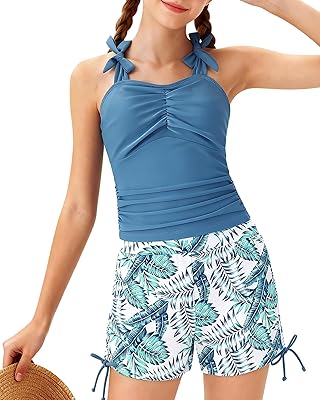 Girls Tankini Swimsuit 2 Piece Ruched Tie-Straps Swimwear Drawstring Swim Shorts Girl Bathing Suit 7-16Y
