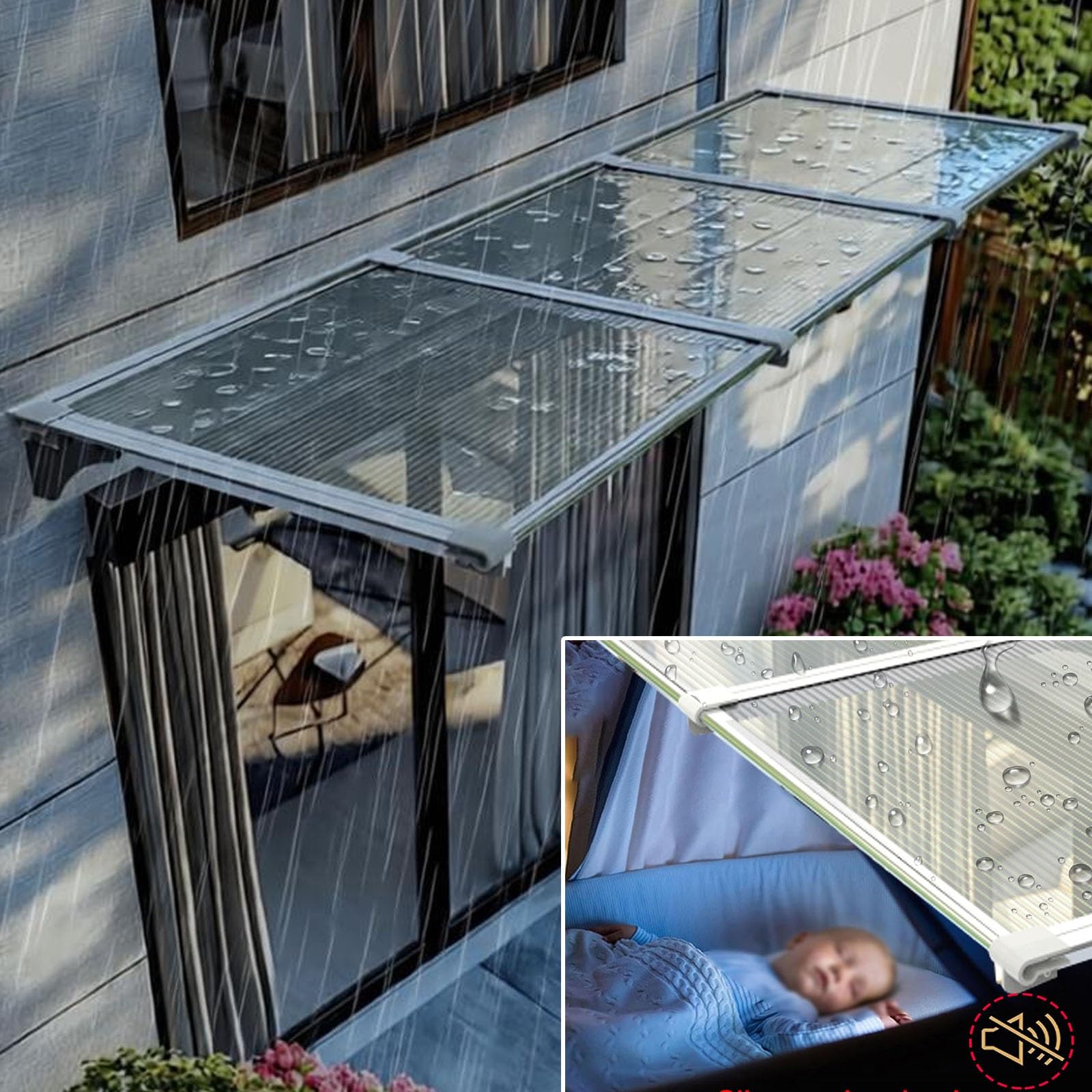 Zadaszenie na drzwi zewnętrzne, markiza z poliwęglanu do patio, ochrona przed promieniowaniem UV / deszczem, prosta twarz, osłona na balkon i werandę, 40 x 110 cm
