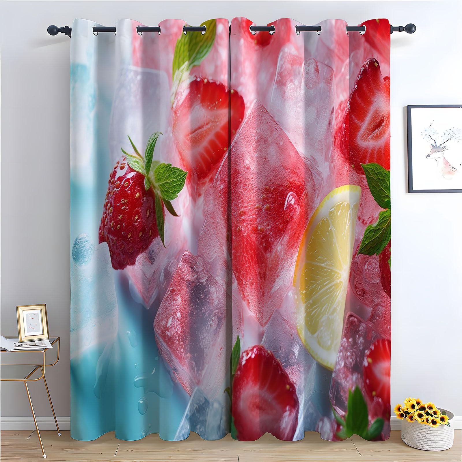 TERUEA 80% Blackout Curtains for Bedroom Strawberry mint lemon slice transparent ice cube light blue Curtains Landscape Scenery, 3D Pattern For Stall,-42" W x 72" L (Pack of 2)