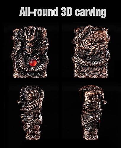 Miniatura 10 de Encendedores frescos, encendedor antiguo de dragón tallado a prueba de viento, encendedor de rueda de queroseno reutilizable para colección,