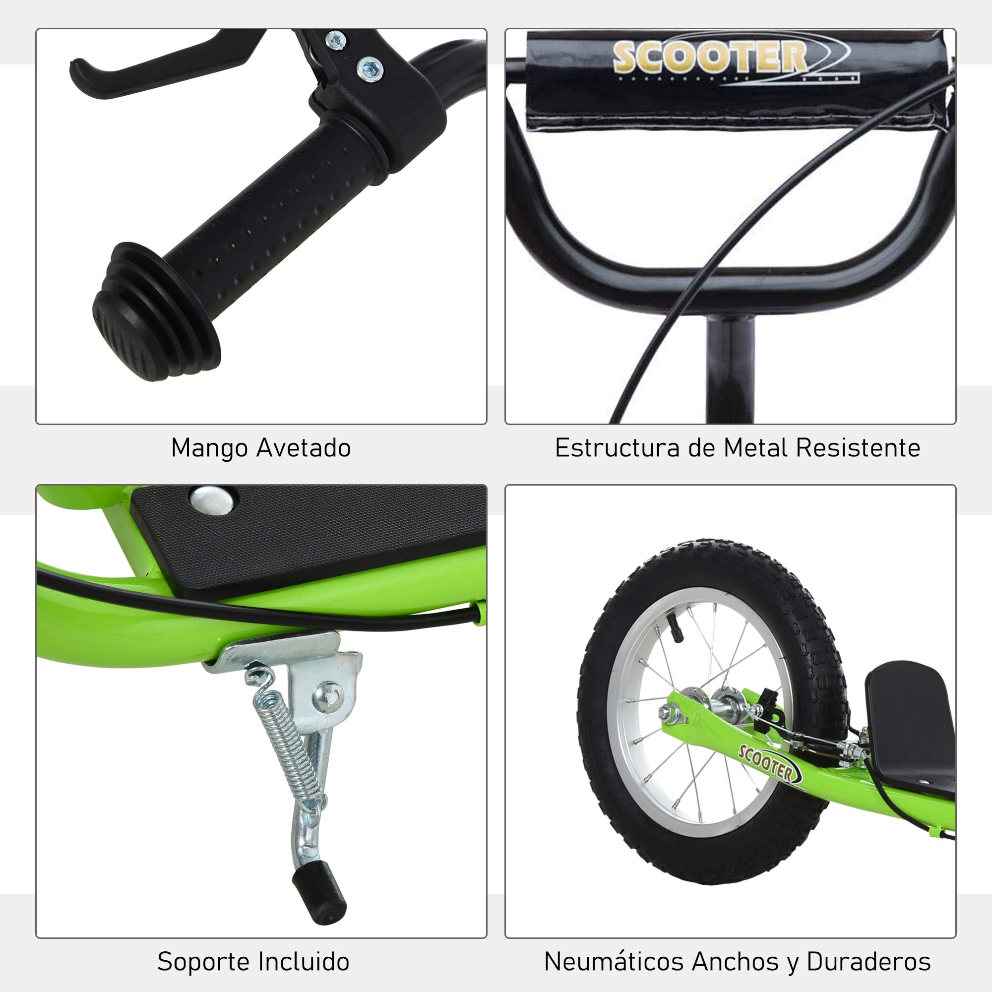 HOMCOM Patinete para Niños Mayores de 5 Años Scooter 2 Neumáticos Inflables de Caucho con Frenos Manillar Ajustable Pedal Antideslizante 117x52x80-85 cm Verde