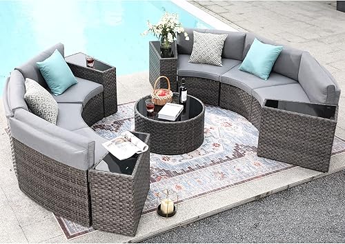 Miniatura 7 de SUNSITT Mesa auxiliar de mimbre de resina de ratán PE para patio, paquete de 2 mesas auxiliares de cuña para sofá con parte superior de vidrio