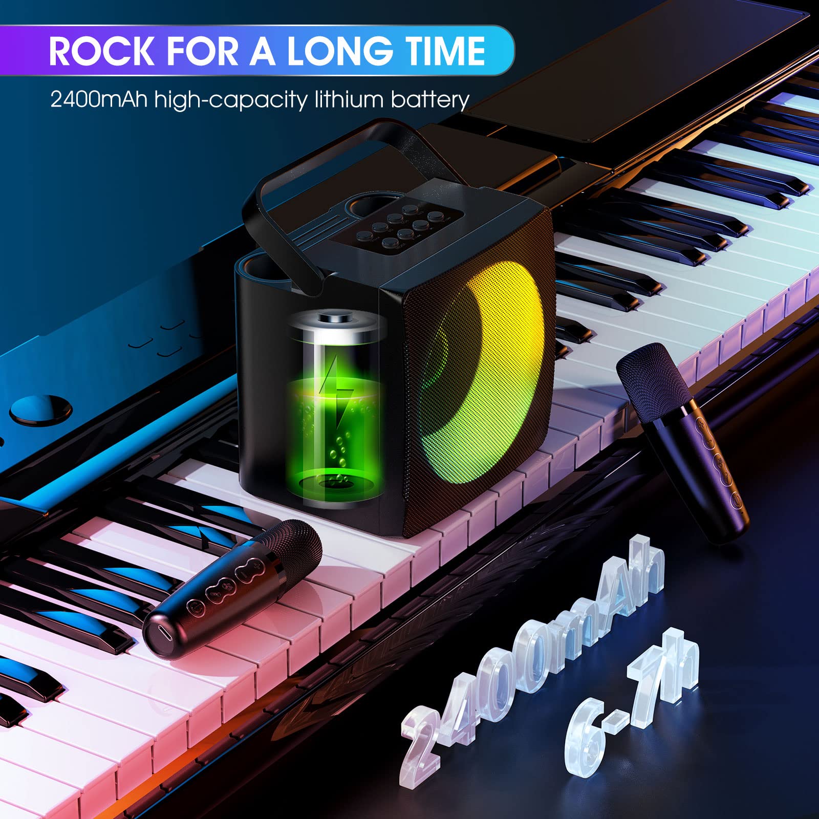 Máquina de Karaoke con 2 Micrófonos Inalámbricos, Altavoz Efectos Cambiador de Voz y Luces LED, Karaoke Completo Portátil Soporte Tarjeta TF, AUX, USB para Infantil, Adultos, Negro