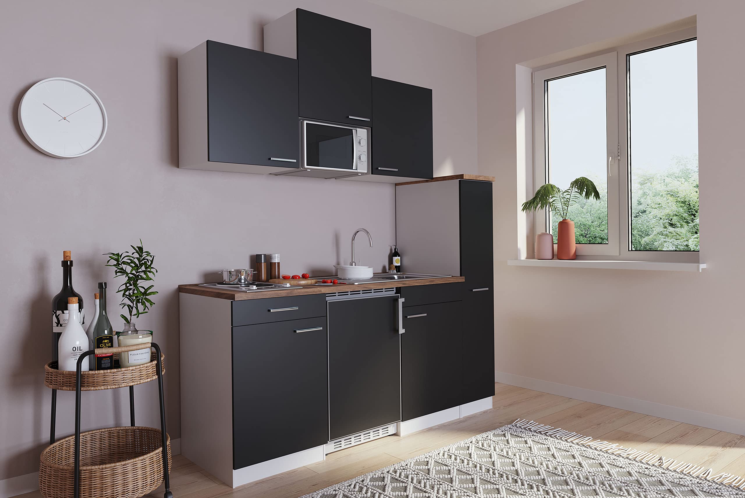 respekta Küchenzeile Luis KB180WSMI Schwarz 180 cm Breite mit Elektrogeräten