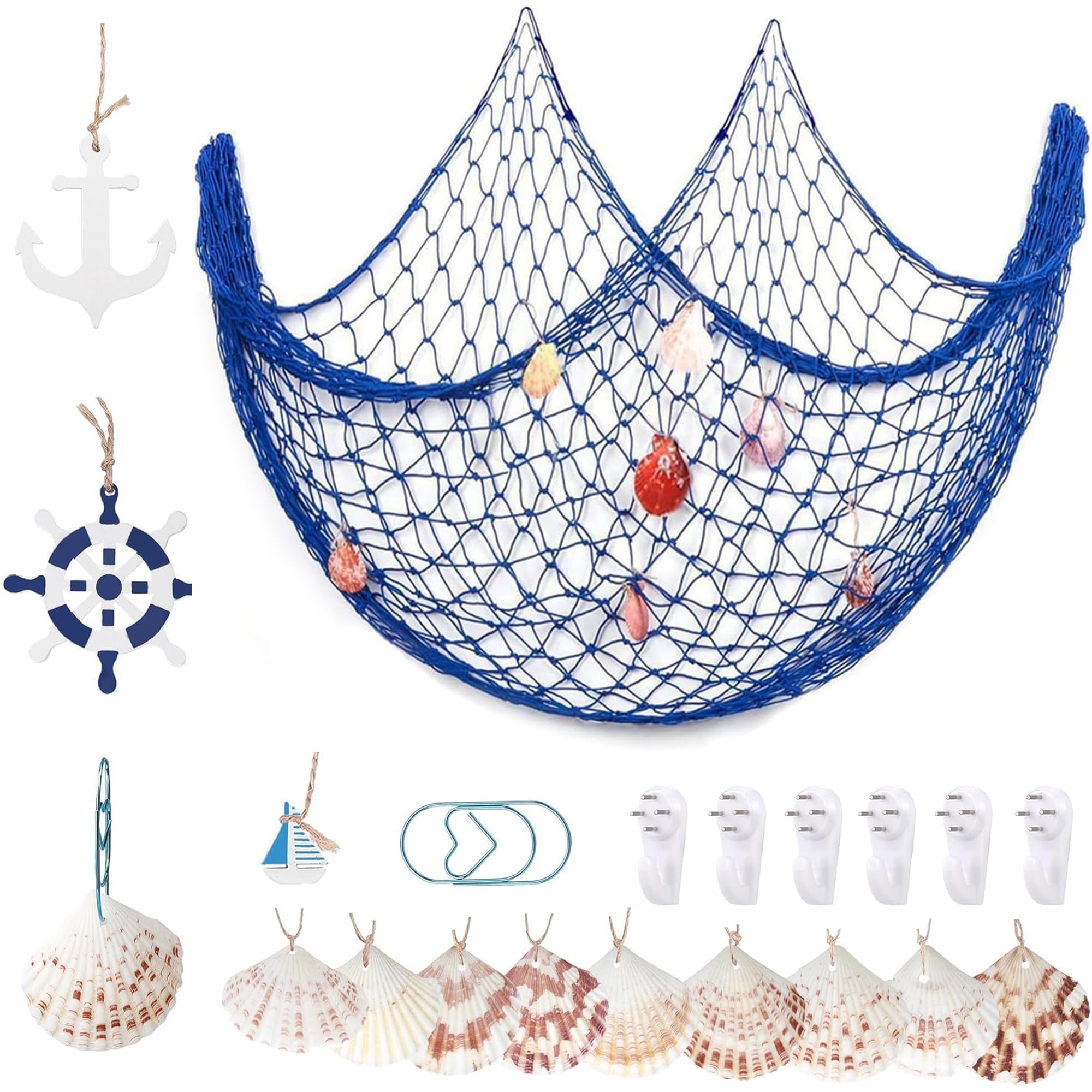 Red de pesca decorativa 1,5 m x 2 m náutica con conchas, velero, timón, ancla de madera colgador fotos clips decoración náutica hogar azul