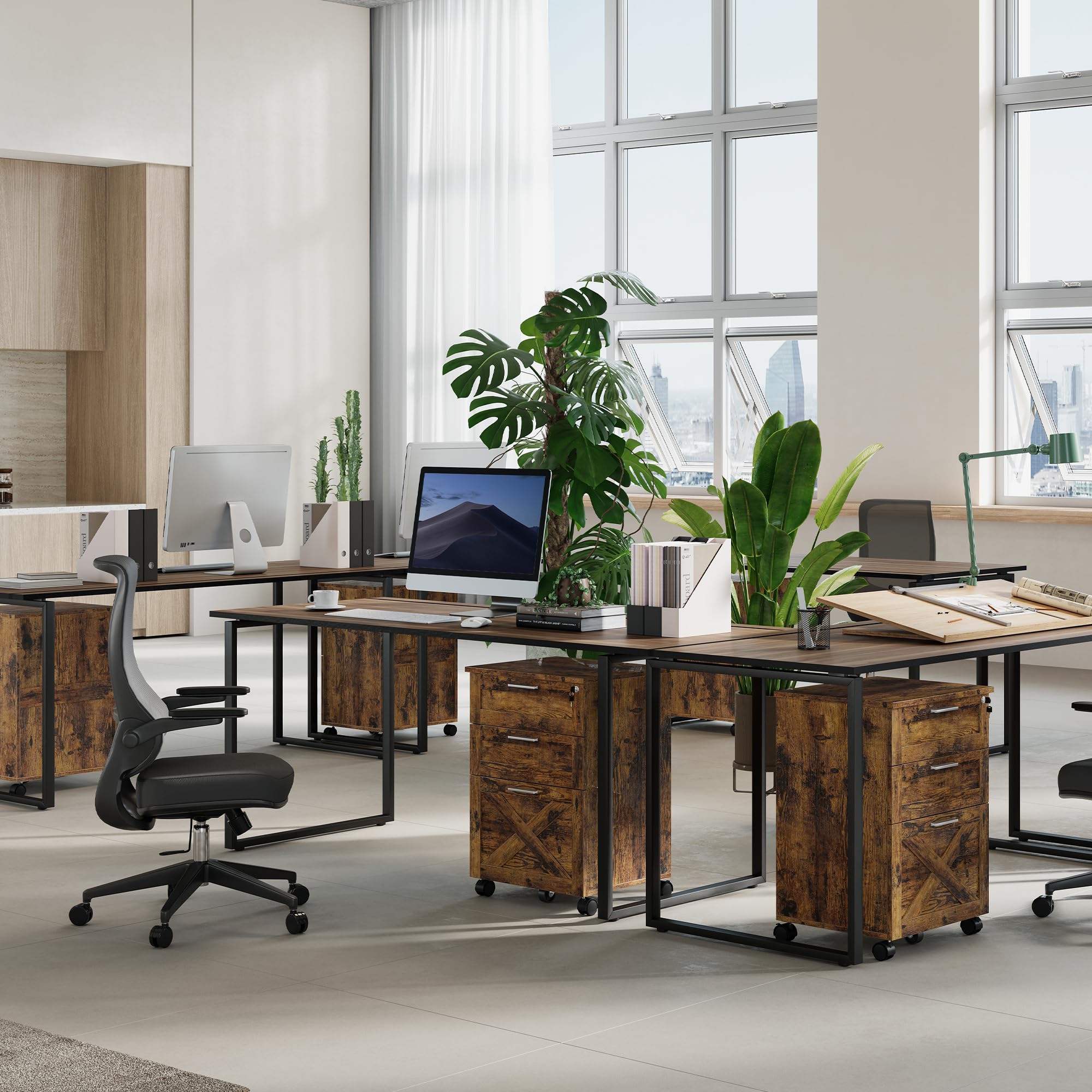 Garvee Aktenschrank,Rollcontainer,Büroschrank,mit 3 Schubladen,Abschließbar,Büro-Aktenschrank mit Hängeregisterfach - 48 x 40 x 68 cm,Rustikales Braun