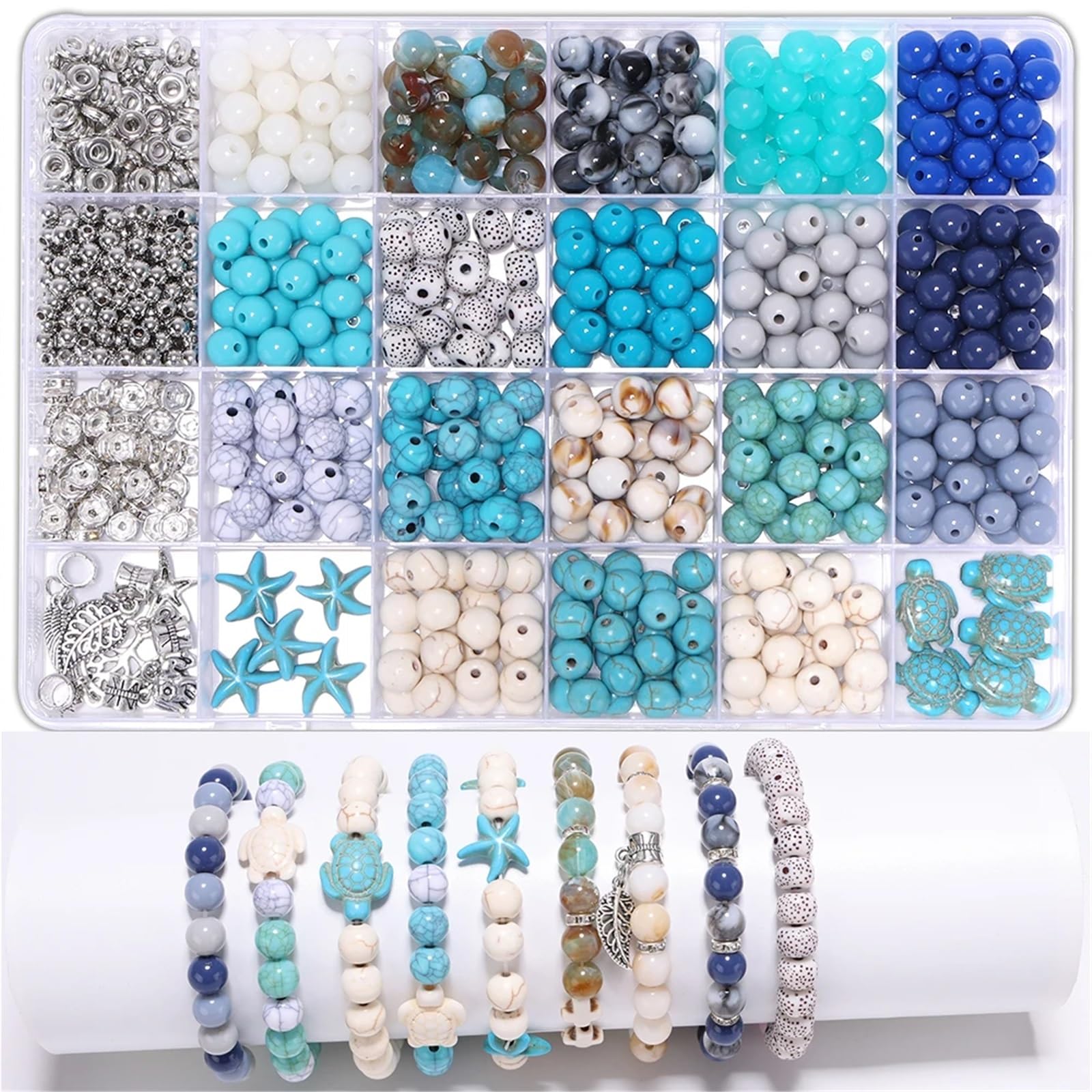 Bryske 2 Boxes 8mm Round Beads Bracelet Making Kit, Marble Turquoise Starfish for Women